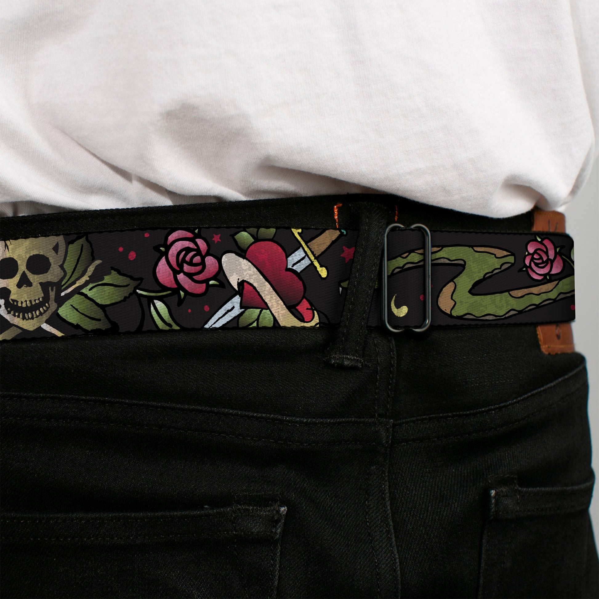 BD Wings Logo CLOSE - UP Full Color Black Silver Seatbelt Belt - Live Hard Die Young CLOSE - UP Black Webbing - Seatbelt Belts - Buckle - Down