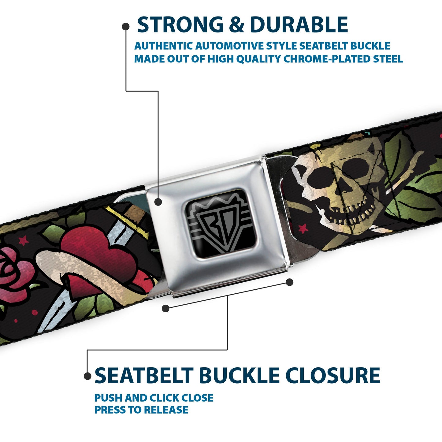BD Wings Logo CLOSE - UP Full Color Black Silver Seatbelt Belt - Live Hard Die Young CLOSE - UP Black Webbing - Seatbelt Belts - Buckle - Down