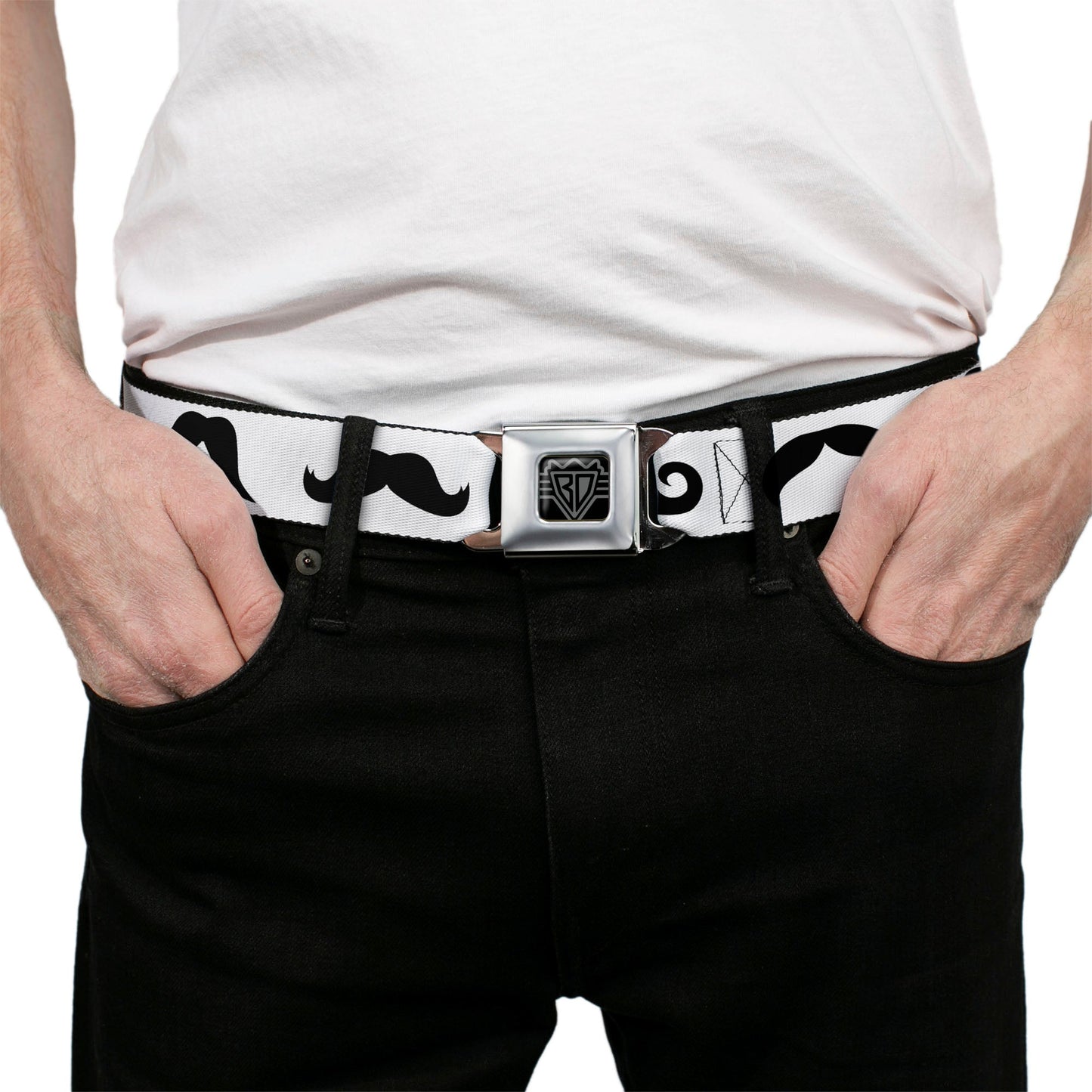 BD Wings Logo CLOSE - UP Full Color Black Silver Seatbelt Belt - Mustaches Straight White/Black Webbing - Seatbelt Belts - Buckle - Down