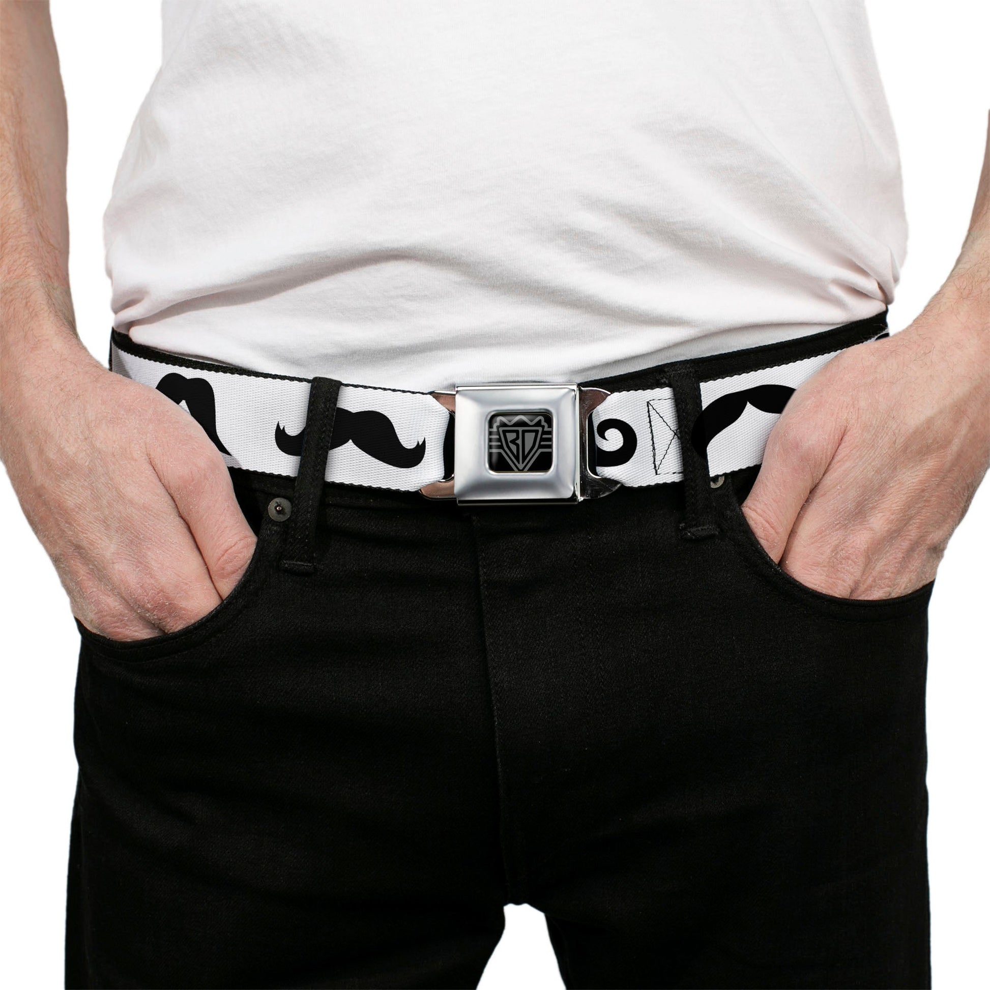 BD Wings Logo CLOSE - UP Full Color Black Silver Seatbelt Belt - Mustaches Straight White/Black Webbing - Seatbelt Belts - Buckle - Down
