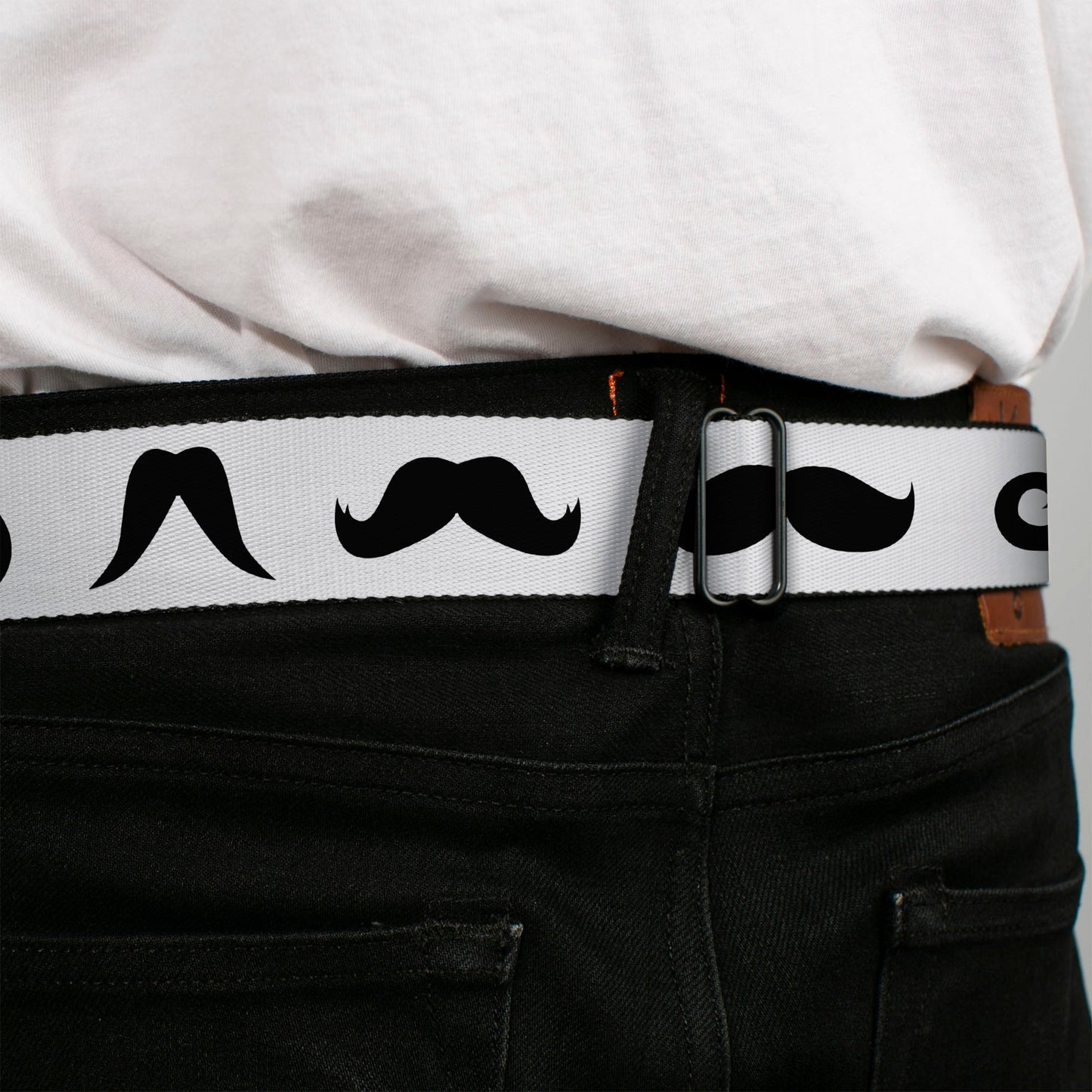 BD Wings Logo CLOSE - UP Full Color Black Silver Seatbelt Belt - Mustaches Straight White/Black Webbing - Seatbelt Belts - Buckle - Down