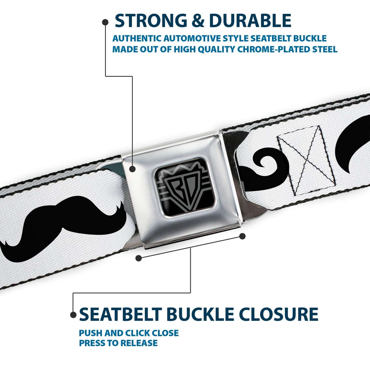 BD Wings Logo CLOSE - UP Full Color Black Silver Seatbelt Belt - Mustaches Straight White/Black Webbing - Seatbelt Belts - Buckle - Down
