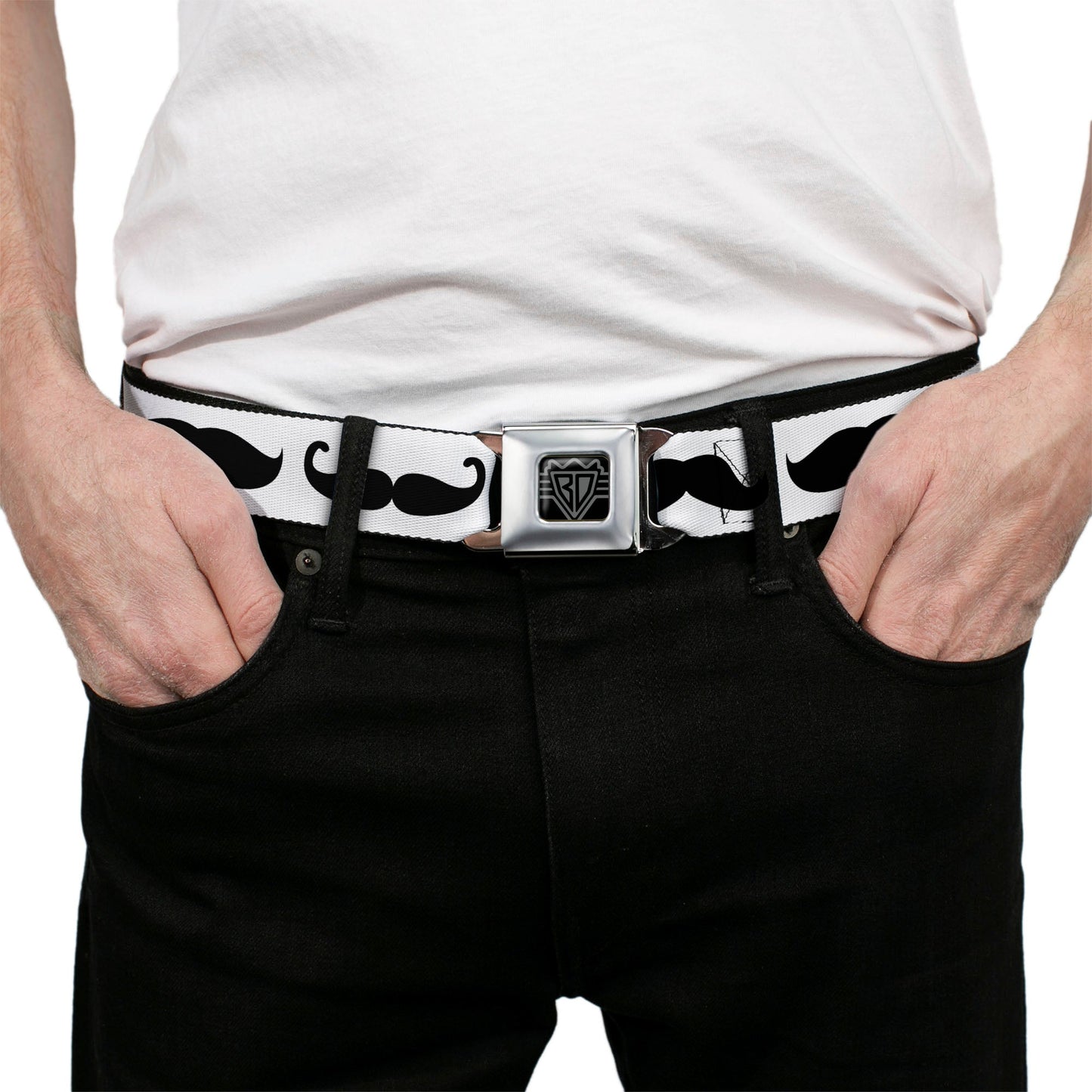 BD Wings Logo CLOSE - UP Full Color Black Silver Seatbelt Belt - Mustache Trio White/Black Webbing - Seatbelt Belts - Buckle - Down