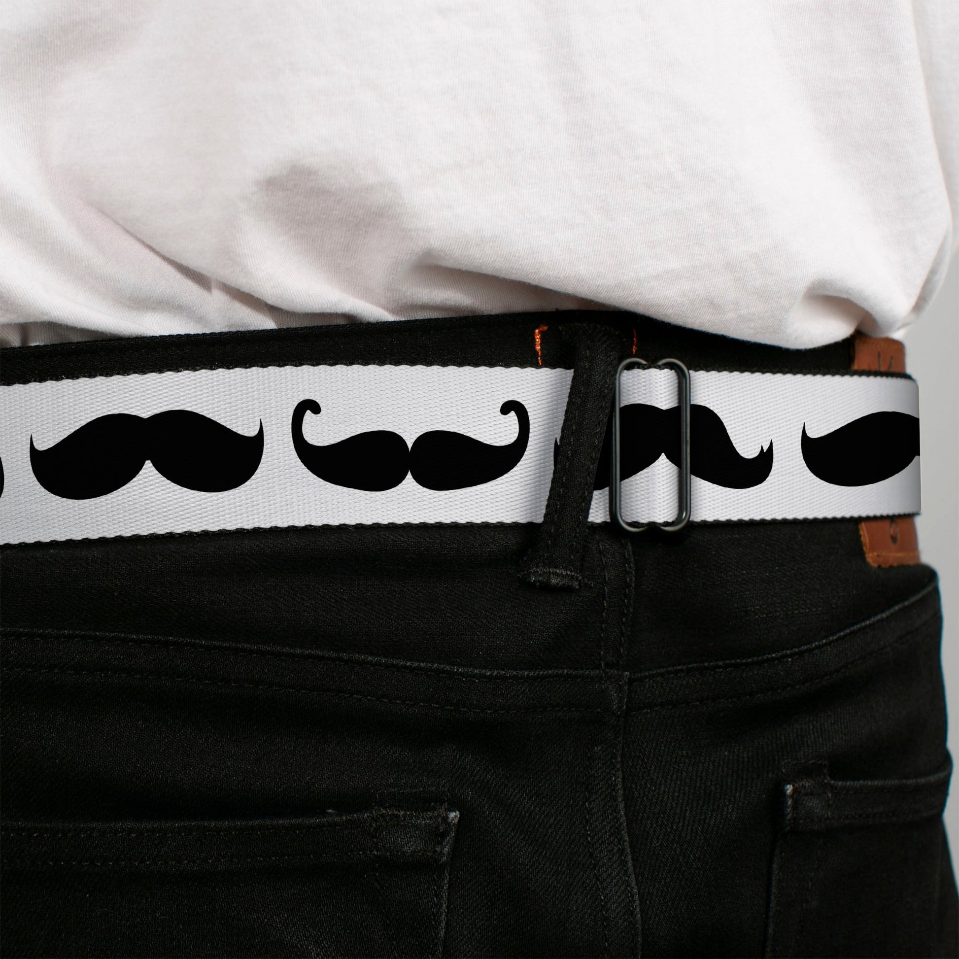 BD Wings Logo CLOSE - UP Full Color Black Silver Seatbelt Belt - Mustache Trio White/Black Webbing - Seatbelt Belts - Buckle - Down