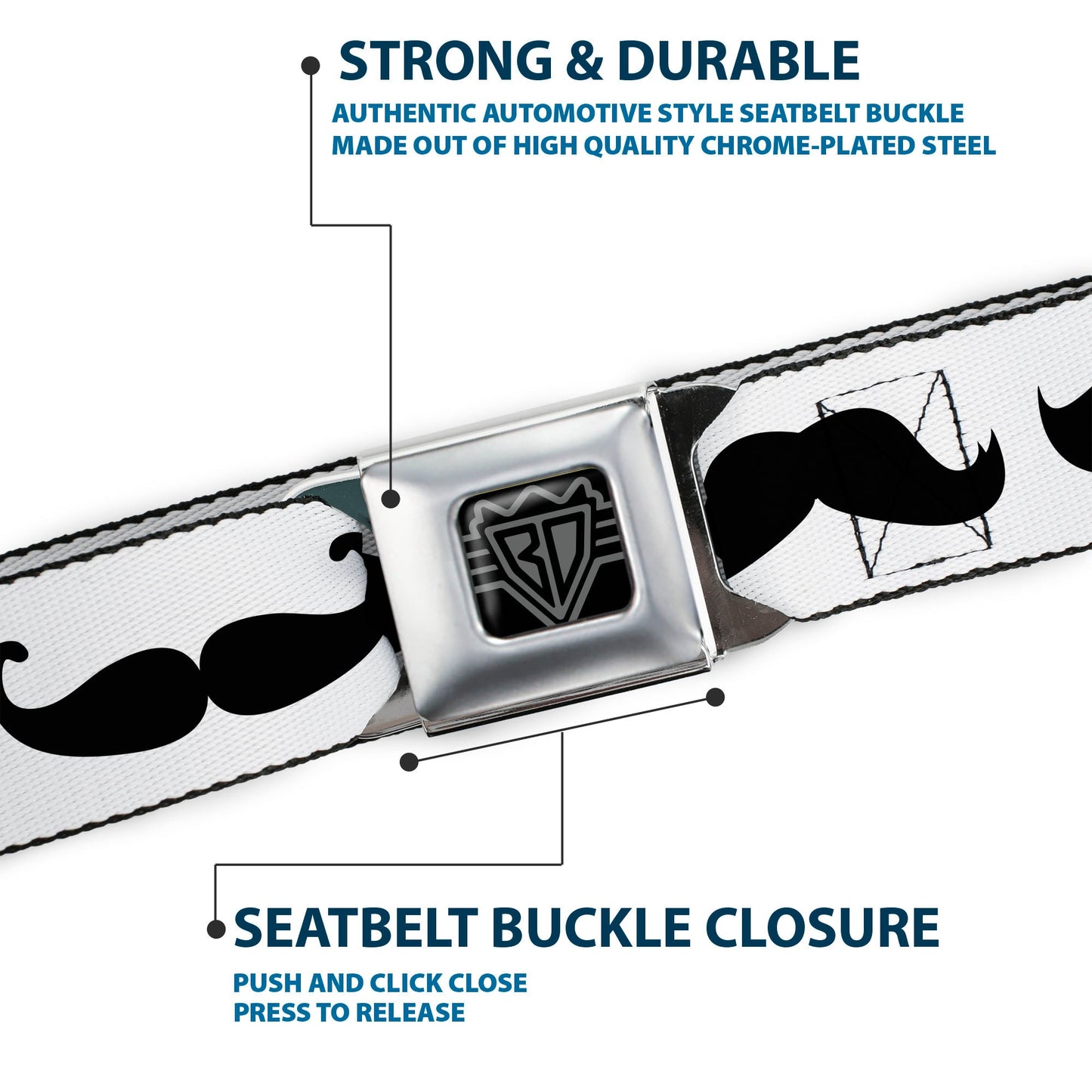 BD Wings Logo CLOSE - UP Full Color Black Silver Seatbelt Belt - Mustache Trio White/Black Webbing - Seatbelt Belts - Buckle - Down