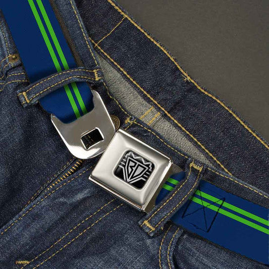 BD Wings Logo CLOSE - UP Full Color Black Silver Seatbelt Belt - Racing Stripe Navy/Bright Green Webbing - Seatbelt Belts - Buckle - Down