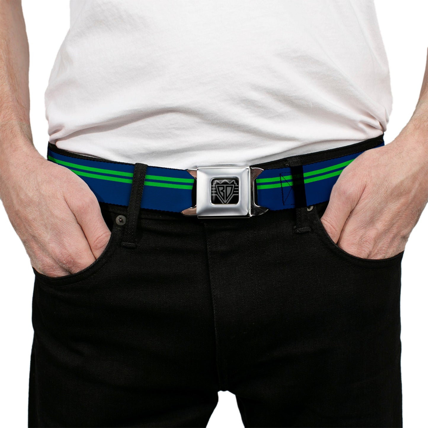 BD Wings Logo CLOSE - UP Full Color Black Silver Seatbelt Belt - Racing Stripe Navy/Bright Green Webbing - Seatbelt Belts - Buckle - Down