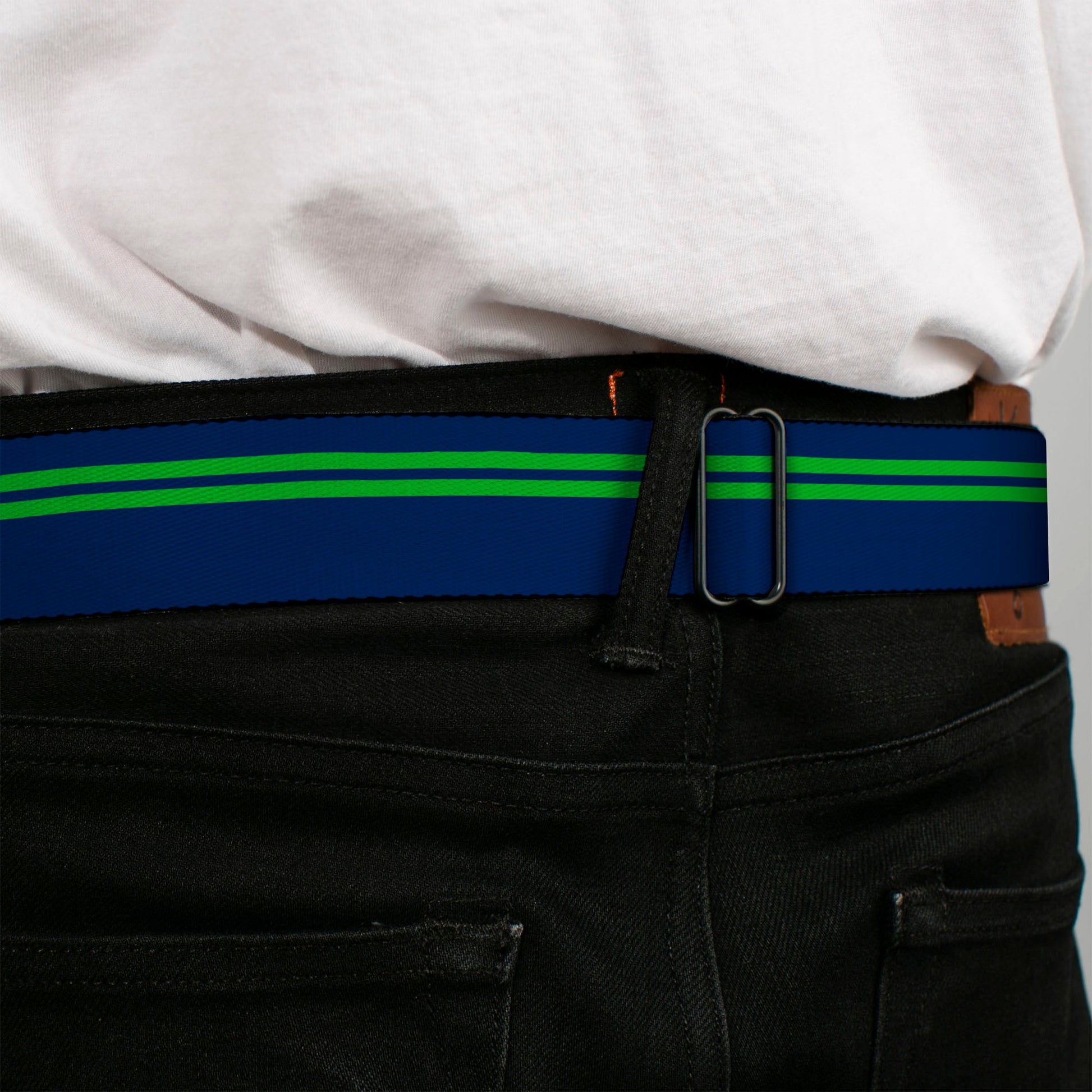 BD Wings Logo CLOSE - UP Full Color Black Silver Seatbelt Belt - Racing Stripe Navy/Bright Green Webbing - Seatbelt Belts - Buckle - Down