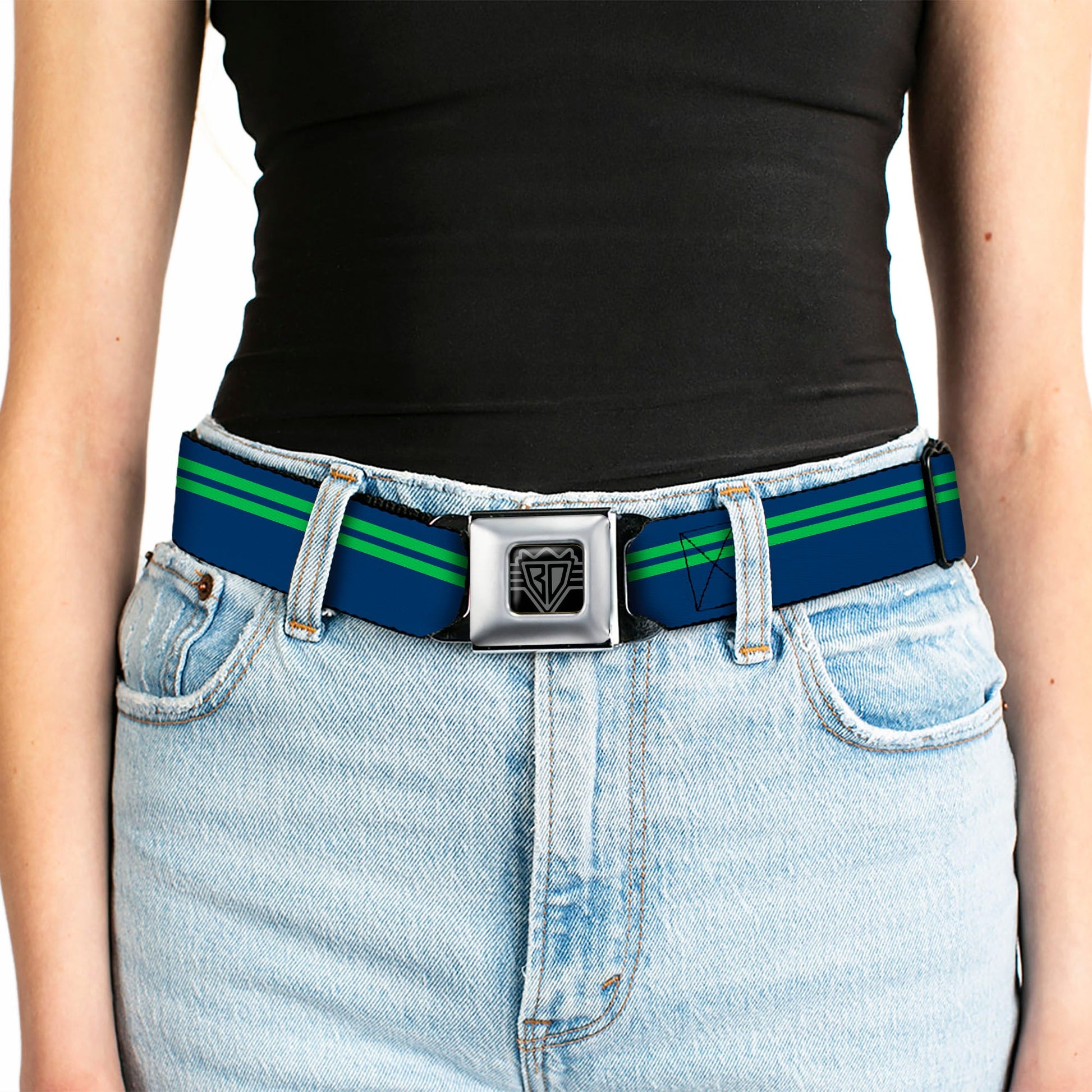 BD Wings Logo CLOSE - UP Full Color Black Silver Seatbelt Belt - Racing Stripe Navy/Bright Green Webbing - Seatbelt Belts - Buckle - Down