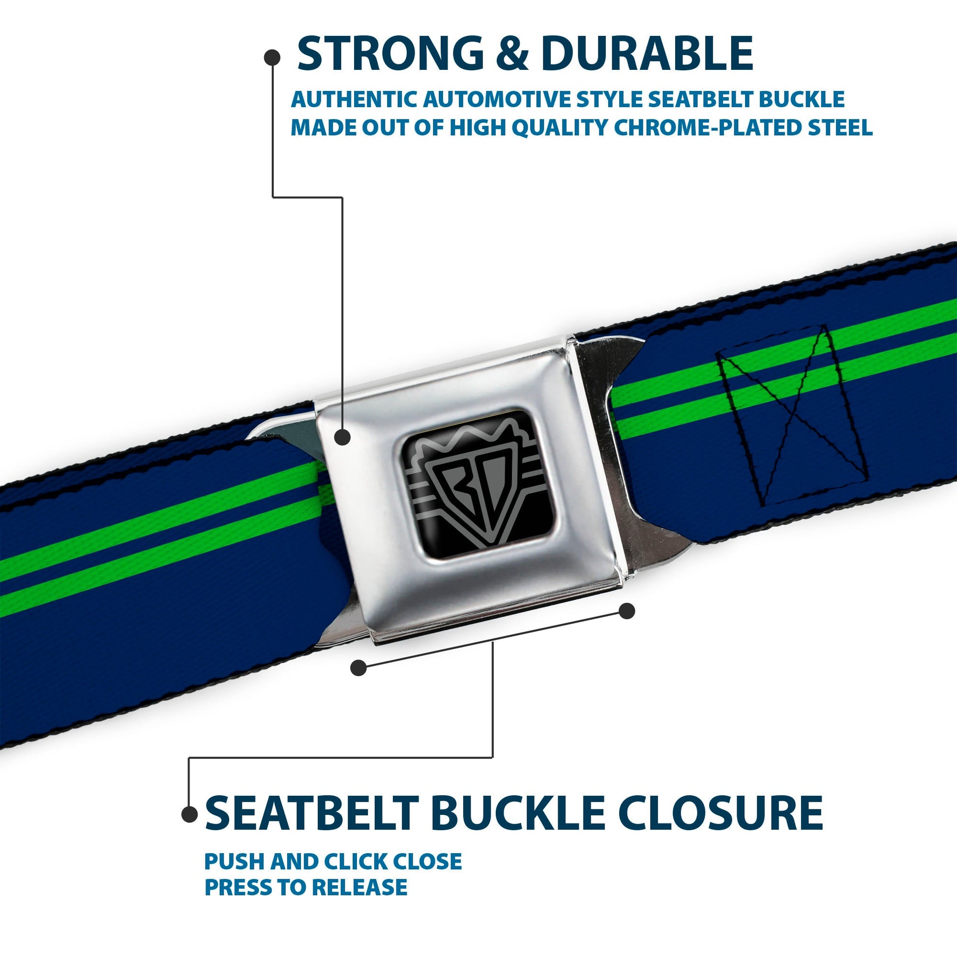 BD Wings Logo CLOSE - UP Full Color Black Silver Seatbelt Belt - Racing Stripe Navy/Bright Green Webbing - Seatbelt Belts - Buckle - Down