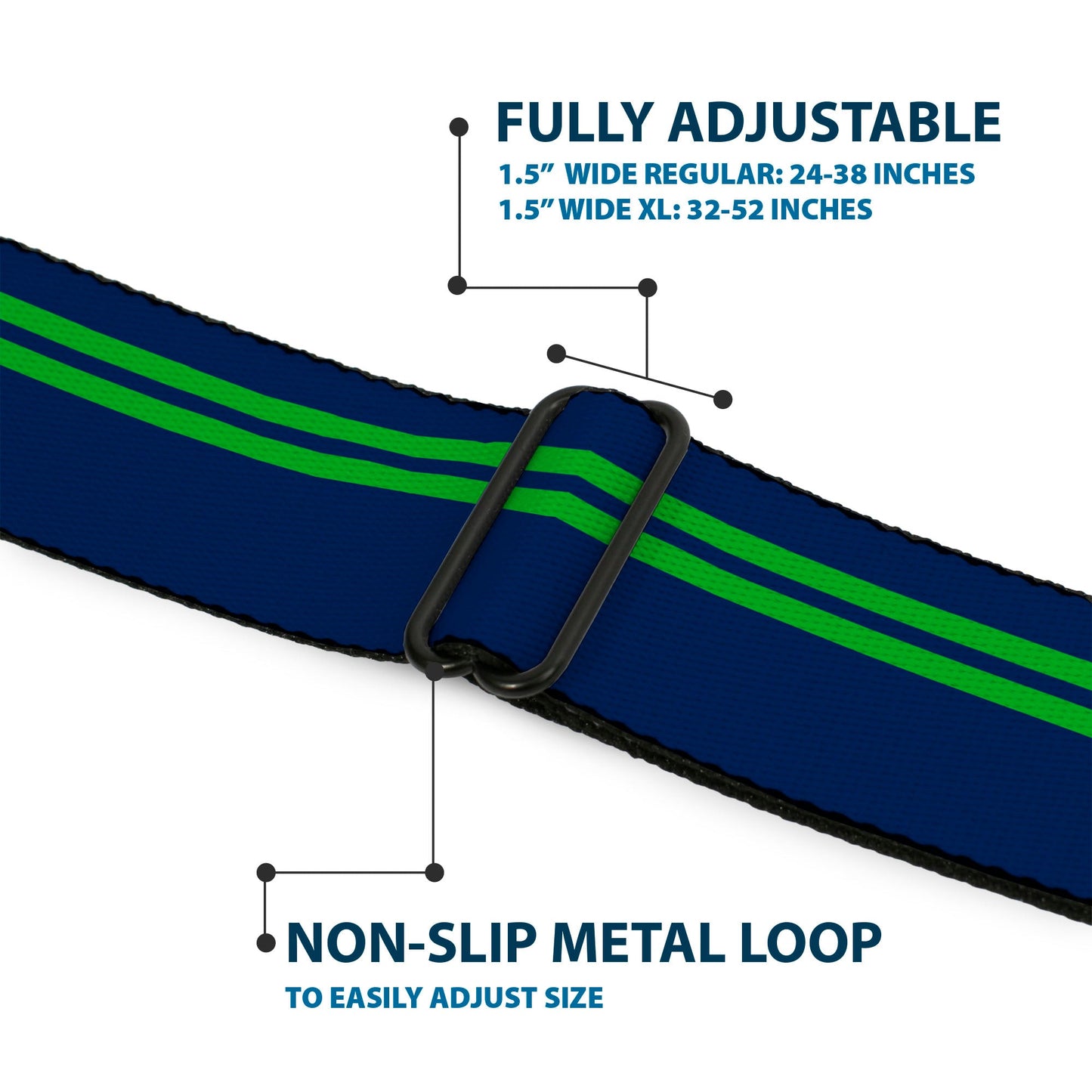 BD Wings Logo CLOSE - UP Full Color Black Silver Seatbelt Belt - Racing Stripe Navy/Bright Green Webbing - Seatbelt Belts - Buckle - Down