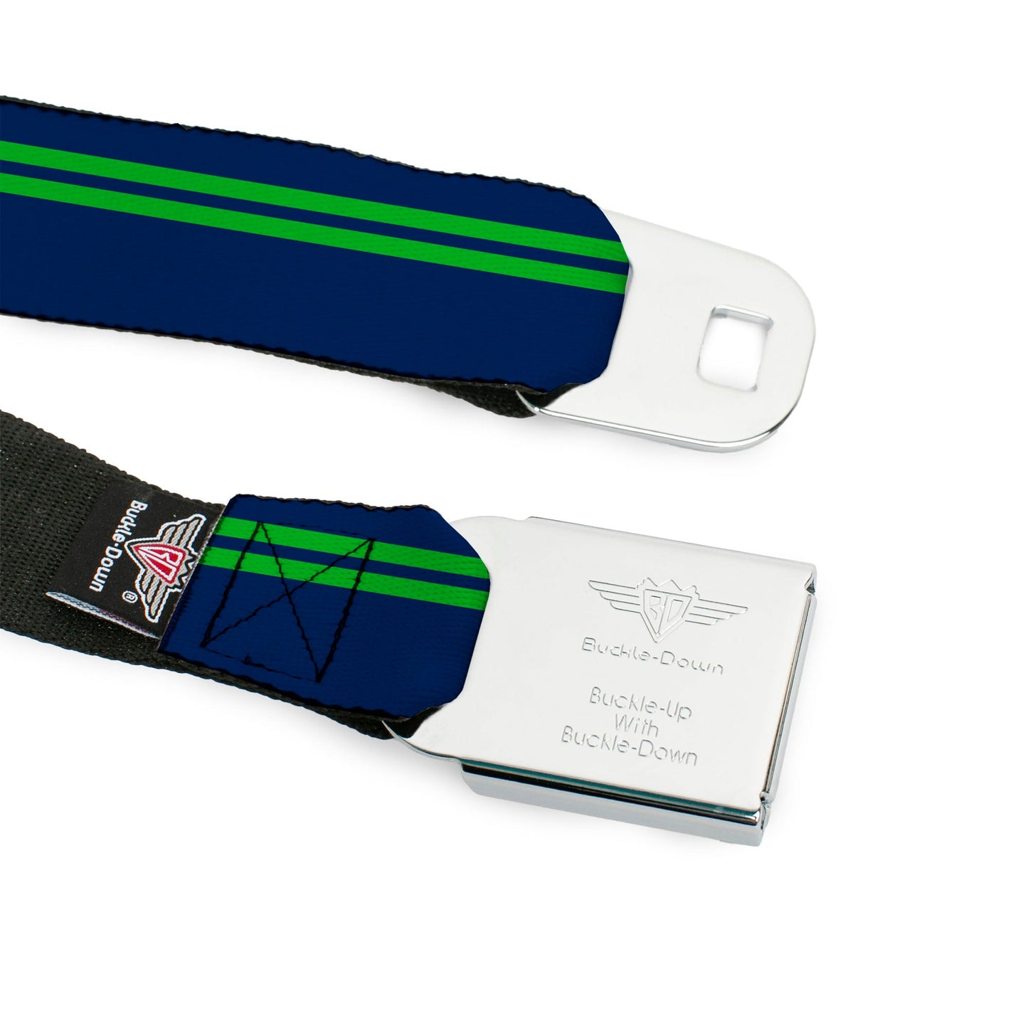 BD Wings Logo CLOSE - UP Full Color Black Silver Seatbelt Belt - Racing Stripe Navy/Bright Green Webbing - Seatbelt Belts - Buckle - Down