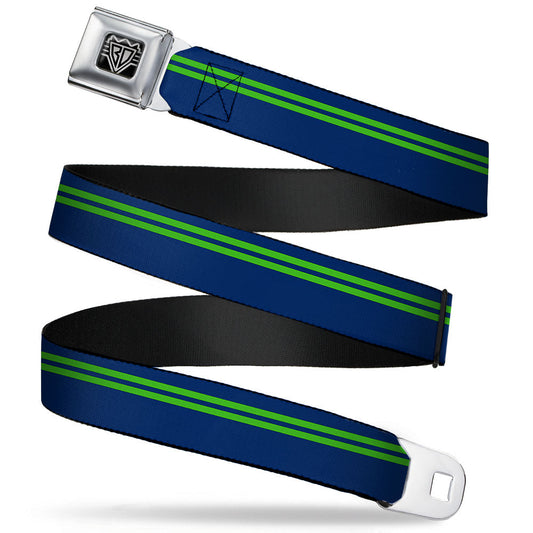 BD Wings Logo CLOSE - UP Full Color Black Silver Seatbelt Belt - Racing Stripe Navy/Bright Green Webbing - Seatbelt Belts - Buckle - Down