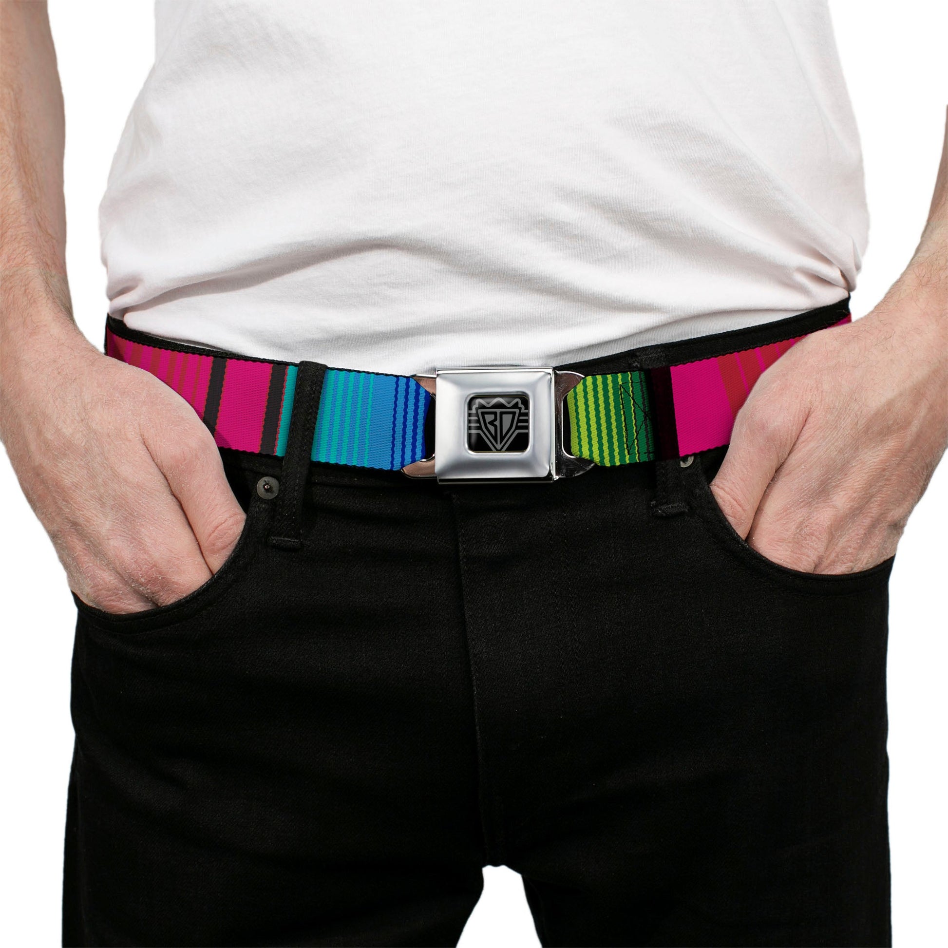 BD Wings Logo CLOSE - UP Full Color Black Silver Seatbelt Belt - Zarape7 Vertical Pinks/Blues/Greens/Black Webbing - Seatbelt Belts - Buckle - Down