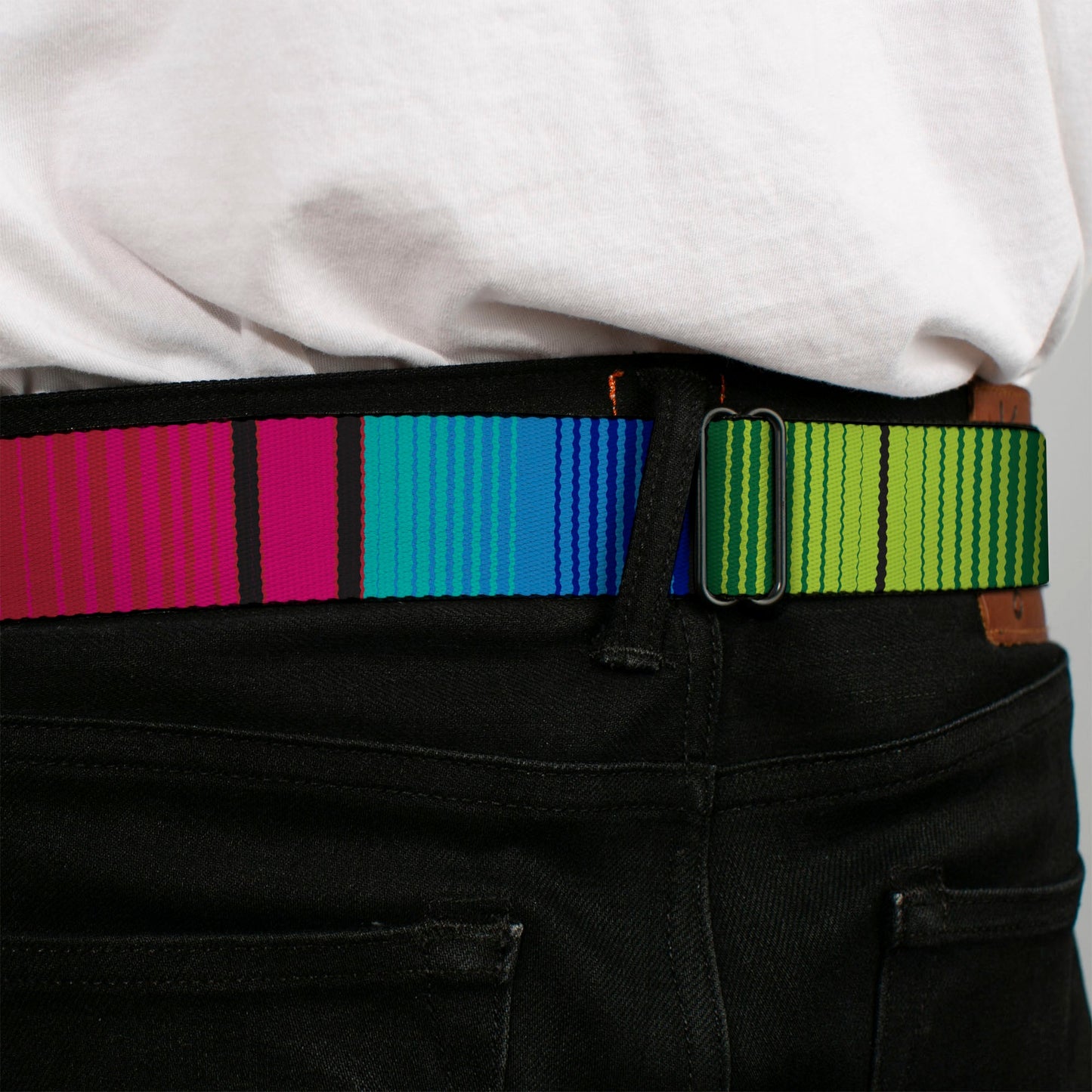 BD Wings Logo CLOSE - UP Full Color Black Silver Seatbelt Belt - Zarape7 Vertical Pinks/Blues/Greens/Black Webbing - Seatbelt Belts - Buckle - Down
