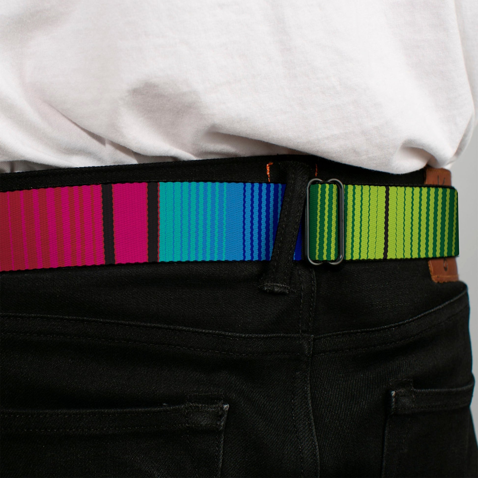 BD Wings Logo CLOSE - UP Full Color Black Silver Seatbelt Belt - Zarape7 Vertical Pinks/Blues/Greens/Black Webbing - Seatbelt Belts - Buckle - Down
