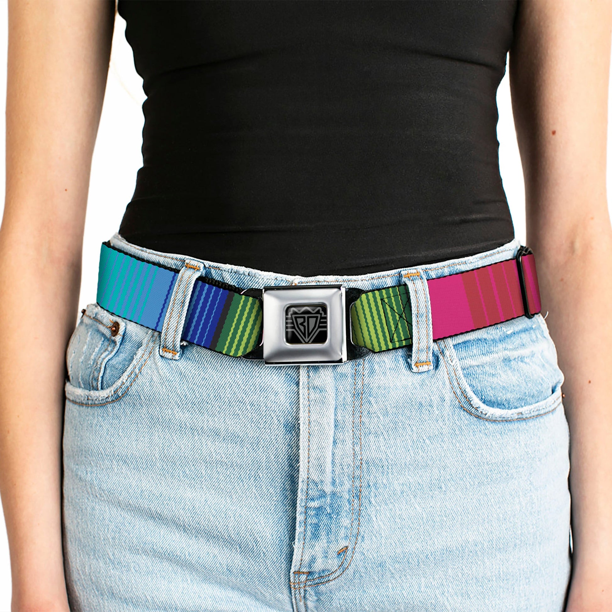 BD Wings Logo CLOSE - UP Full Color Black Silver Seatbelt Belt - Zarape7 Vertical Pinks/Blues/Greens/Black Webbing - Seatbelt Belts - Buckle - Down