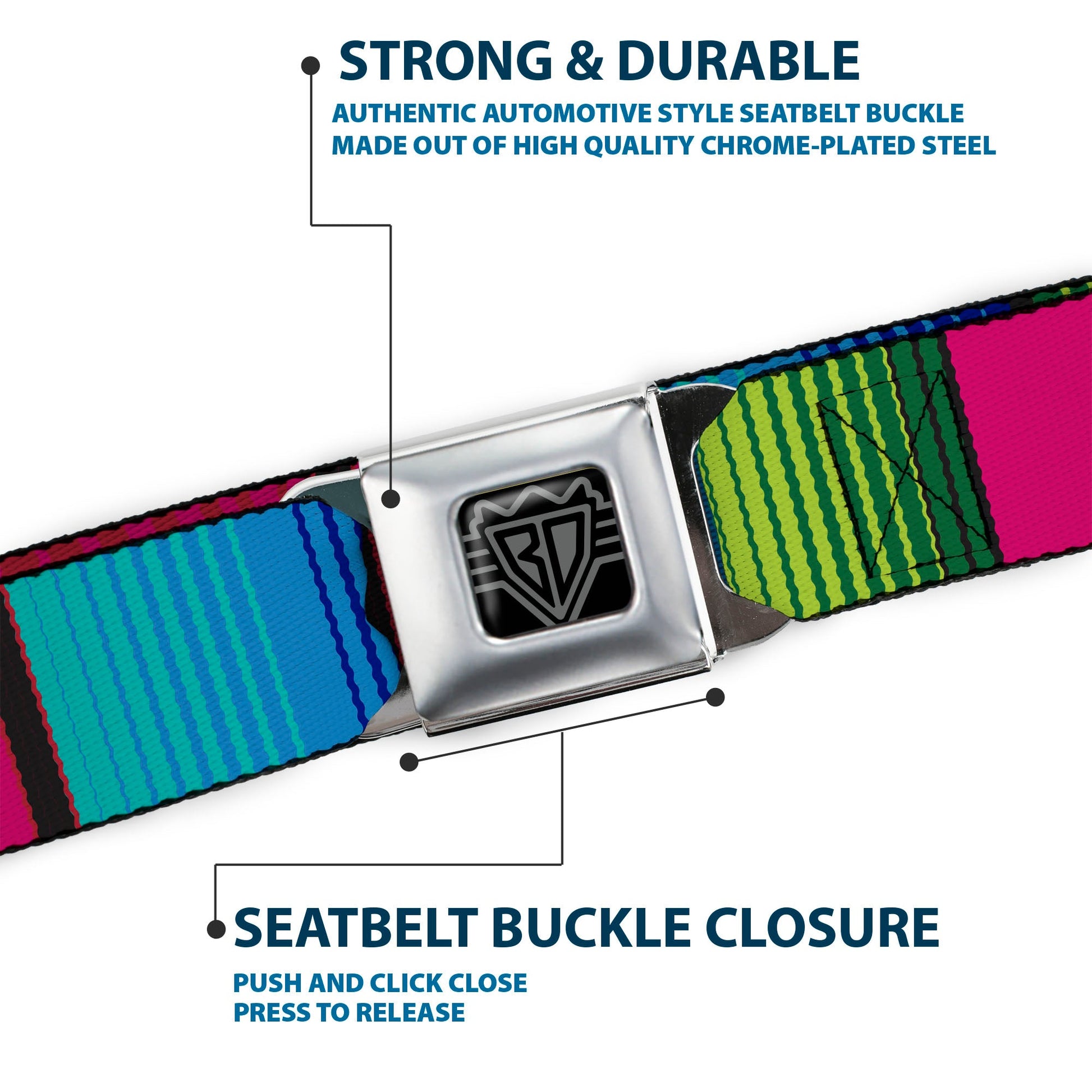 BD Wings Logo CLOSE - UP Full Color Black Silver Seatbelt Belt - Zarape7 Vertical Pinks/Blues/Greens/Black Webbing - Seatbelt Belts - Buckle - Down