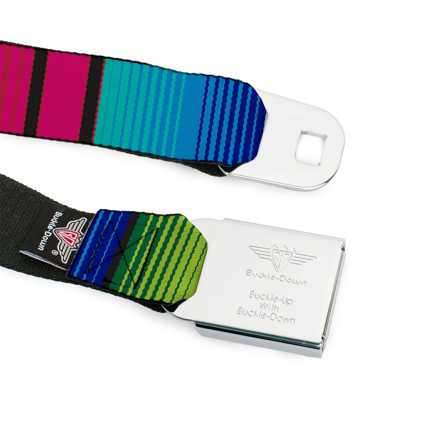 BD Wings Logo CLOSE - UP Full Color Black Silver Seatbelt Belt - Zarape7 Vertical Pinks/Blues/Greens/Black Webbing - Seatbelt Belts - Buckle - Down
