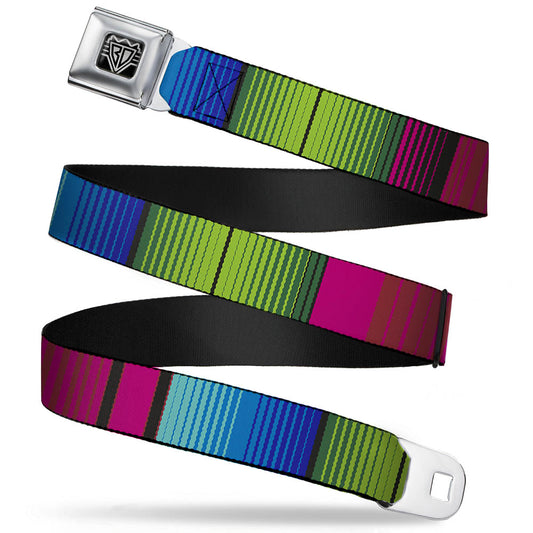 BD Wings Logo CLOSE - UP Full Color Black Silver Seatbelt Belt - Zarape7 Vertical Pinks/Blues/Greens/Black Webbing - Seatbelt Belts - Buckle - Down