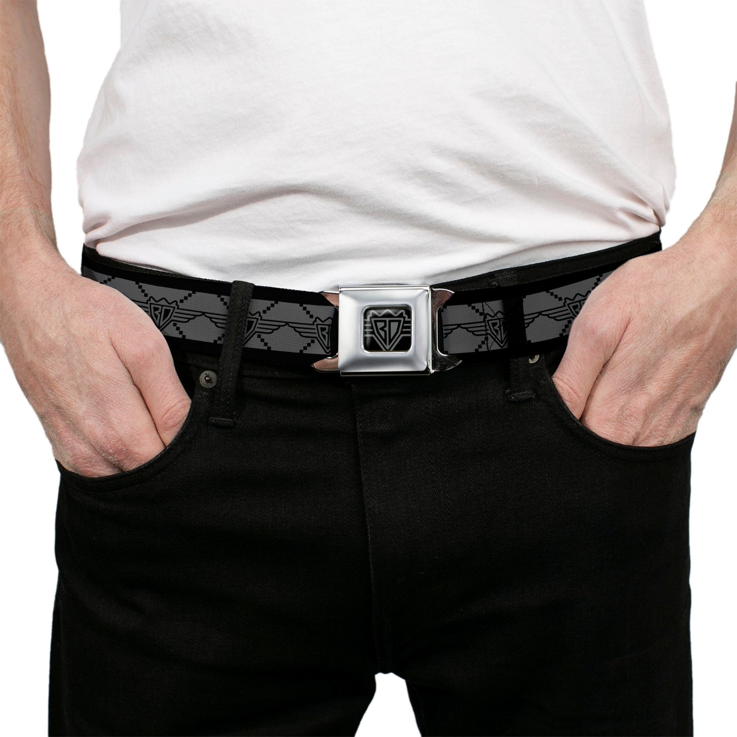 BD Wings Logo CLOSE - UP Full Color Black Silver Seatbelt Belt - BD Monogram2 Gray/Black Webbing - Seatbelt Belts - Buckle - Down