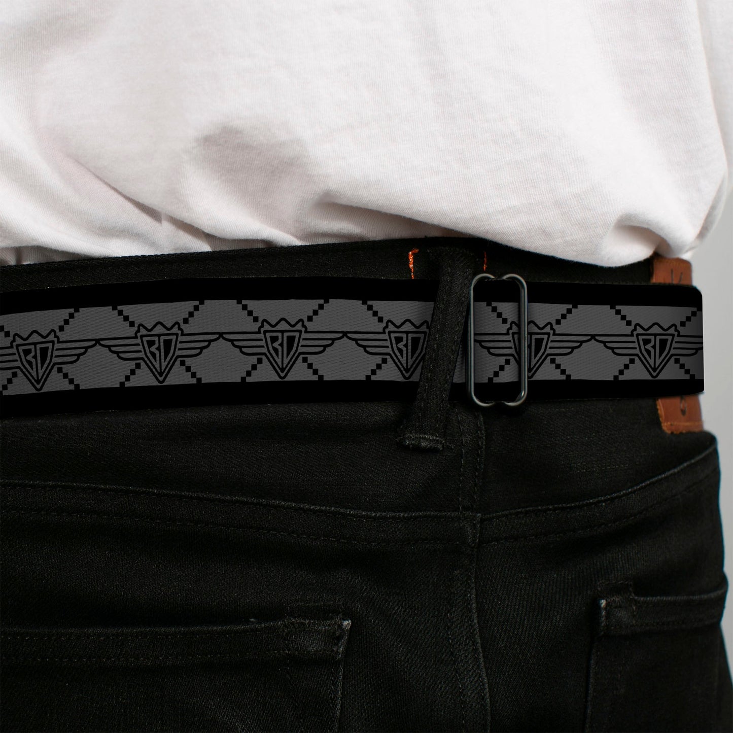 BD Wings Logo CLOSE - UP Full Color Black Silver Seatbelt Belt - BD Monogram2 Gray/Black Webbing - Seatbelt Belts - Buckle - Down
