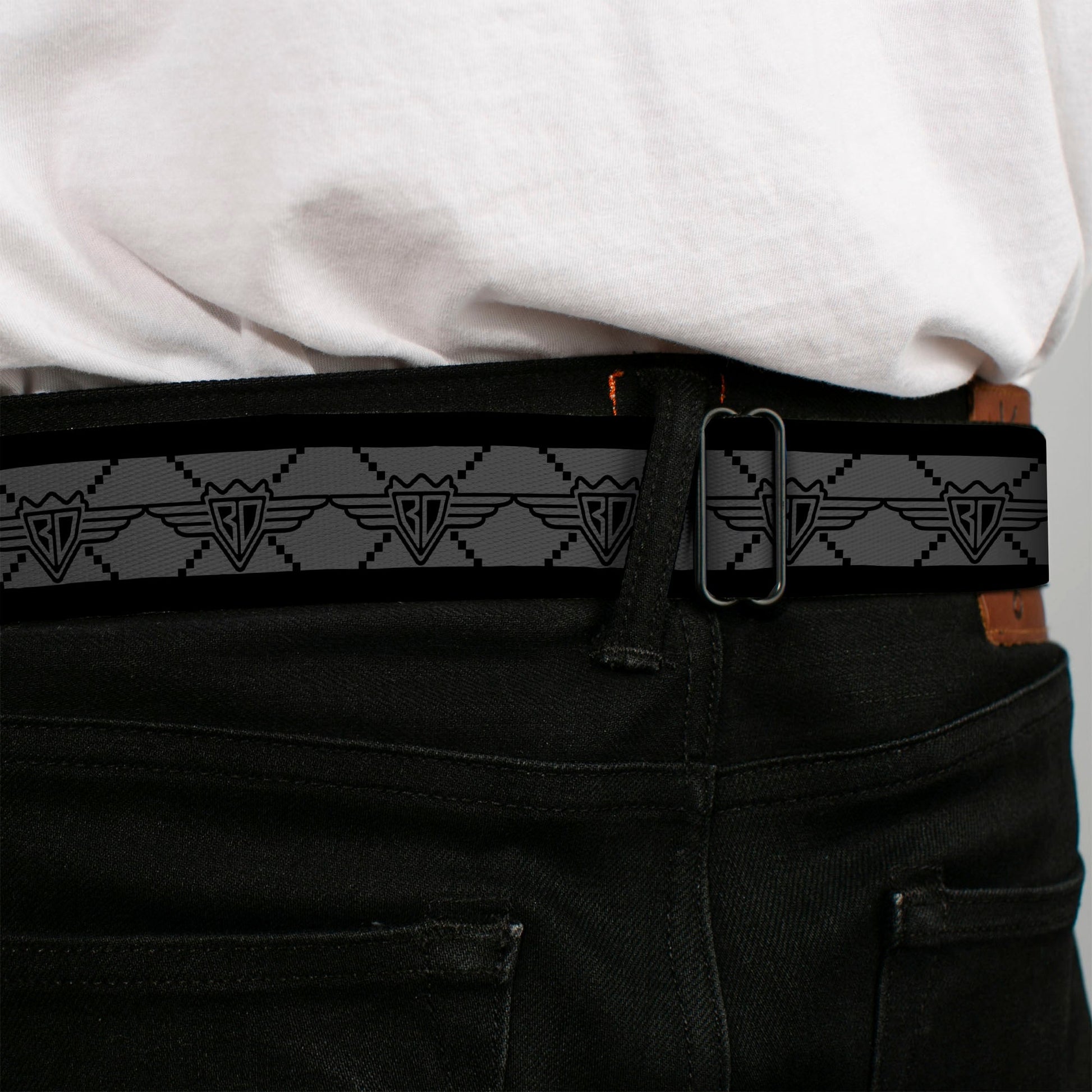 BD Wings Logo CLOSE - UP Full Color Black Silver Seatbelt Belt - BD Monogram2 Gray/Black Webbing - Seatbelt Belts - Buckle - Down