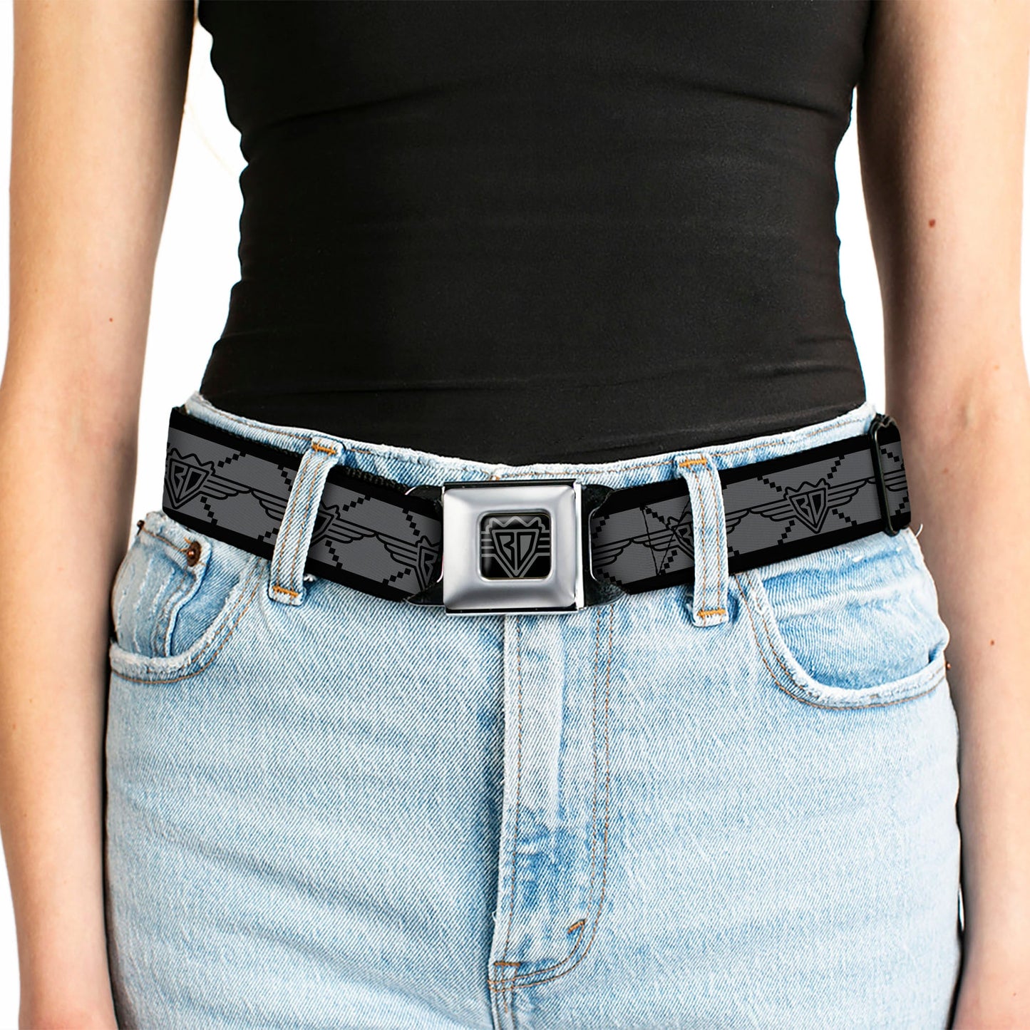 BD Wings Logo CLOSE - UP Full Color Black Silver Seatbelt Belt - BD Monogram2 Gray/Black Webbing - Seatbelt Belts - Buckle - Down