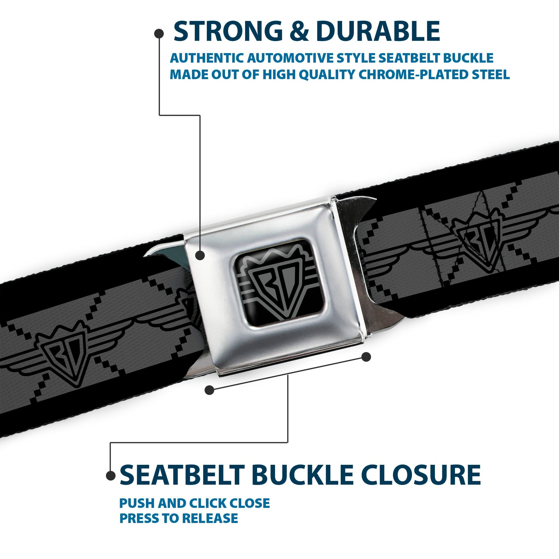 BD Wings Logo CLOSE - UP Full Color Black Silver Seatbelt Belt - BD Monogram2 Gray/Black Webbing - Seatbelt Belts - Buckle - Down