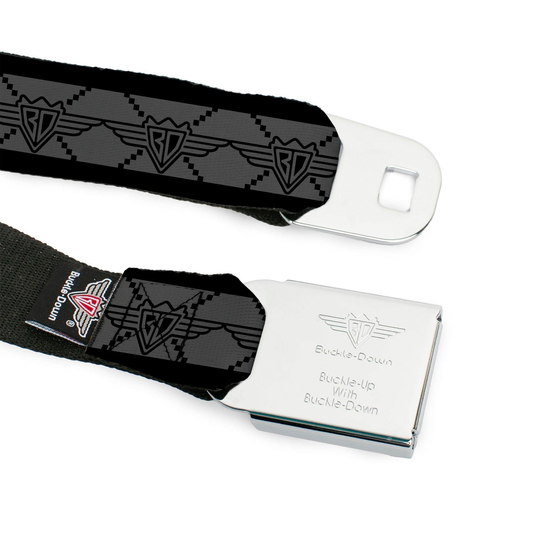 BD Wings Logo CLOSE - UP Full Color Black Silver Seatbelt Belt - BD Monogram2 Gray/Black Webbing - Seatbelt Belts - Buckle - Down