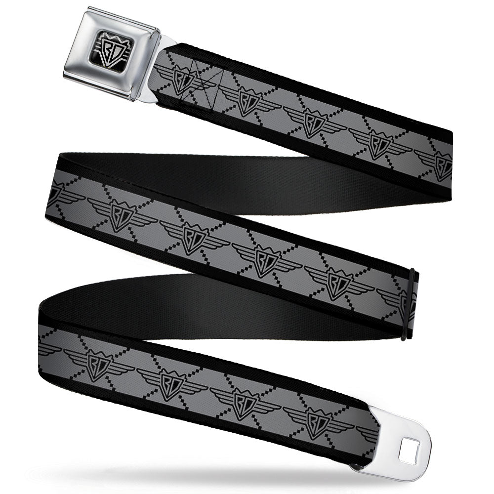 BD Wings Logo CLOSE - UP Full Color Black Silver Seatbelt Belt - BD Monogram2 Gray/Black Webbing - Seatbelt Belts - Buckle - Down