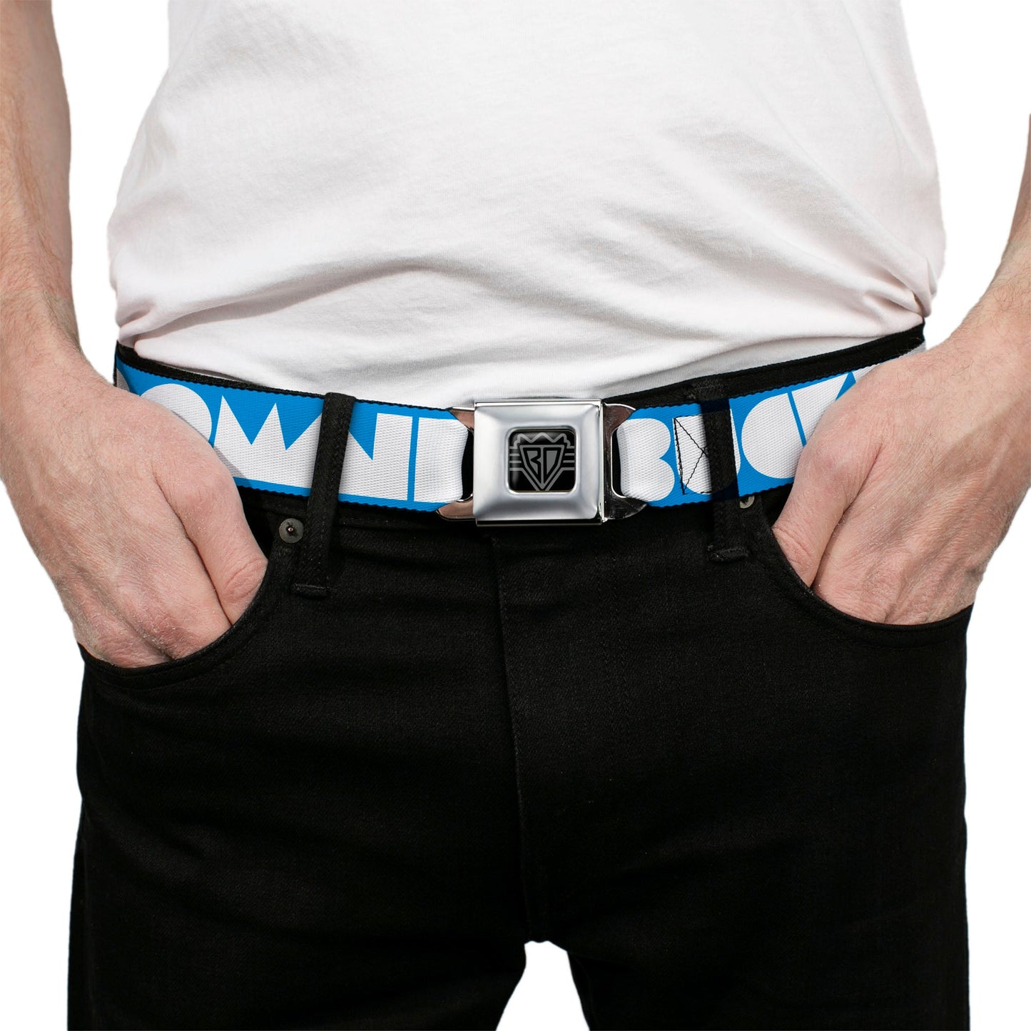 BD Wings Logo CLOSE - UP Full Color Black Silver Seatbelt Belt - BUCKLE - DOWN Shapes Turquoise/White Webbing - Seatbelt Belts - Buckle - Down