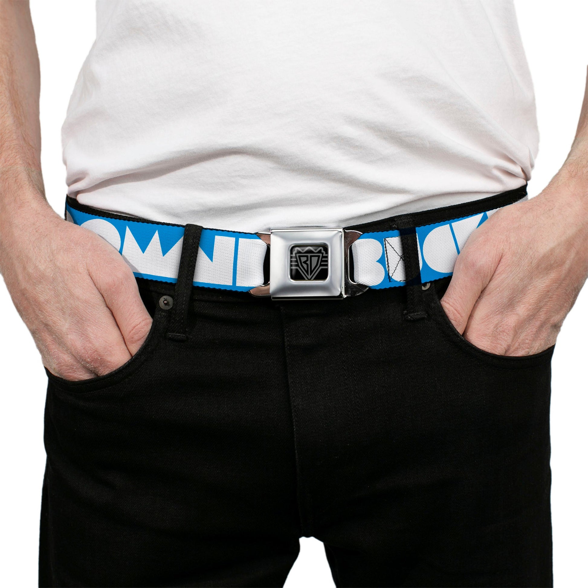 BD Wings Logo CLOSE - UP Full Color Black Silver Seatbelt Belt - BUCKLE - DOWN Shapes Turquoise/White Webbing - Seatbelt Belts - Buckle - Down