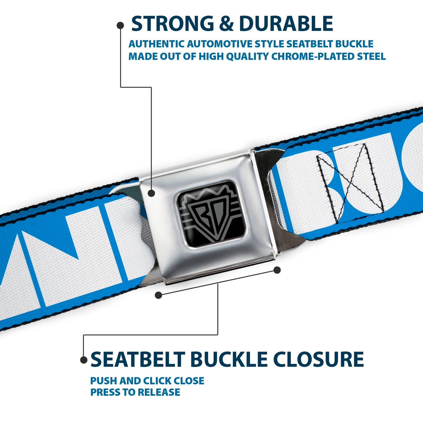 BD Wings Logo CLOSE - UP Full Color Black Silver Seatbelt Belt - BUCKLE - DOWN Shapes Turquoise/White Webbing - Seatbelt Belts - Buckle - Down