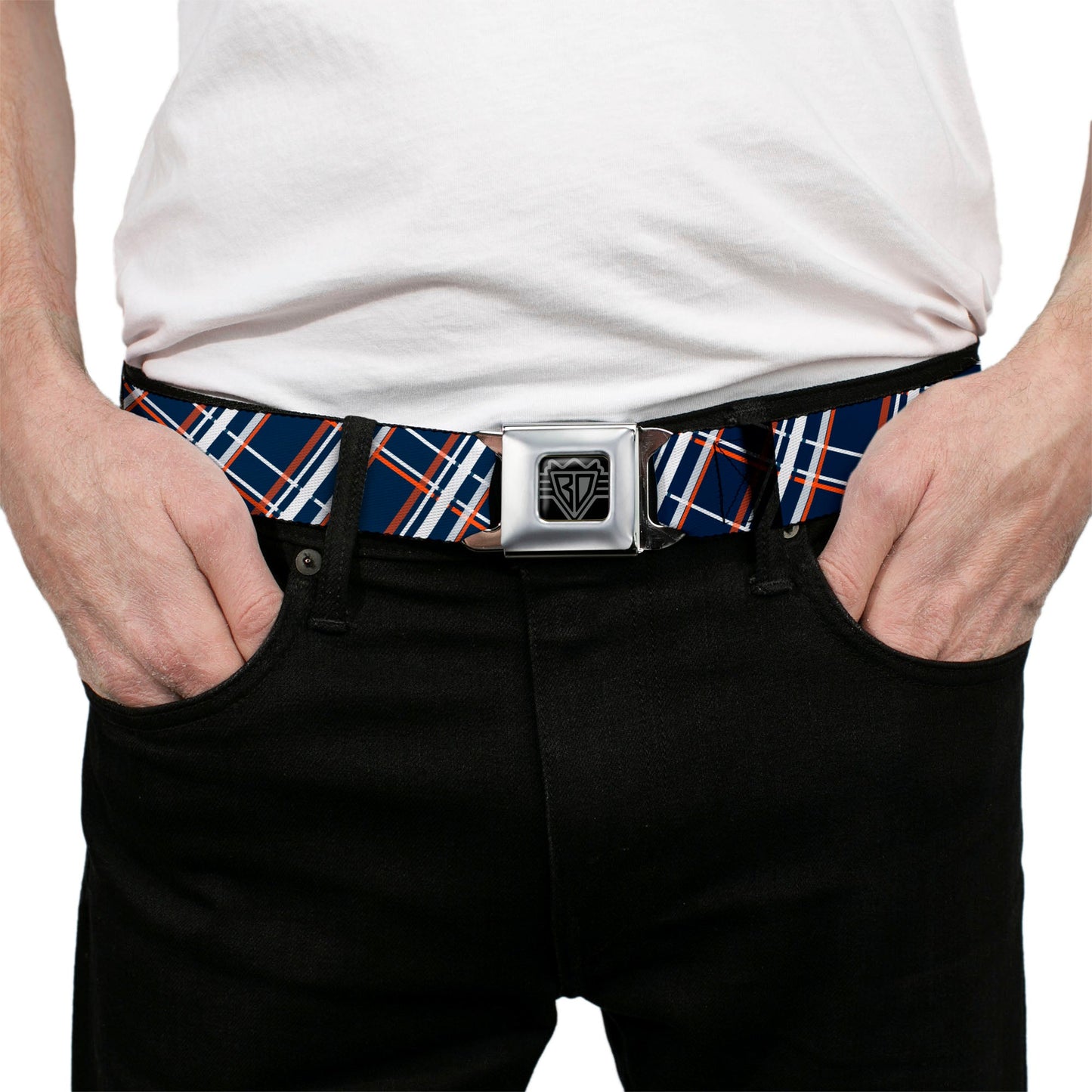 BD Wings Logo CLOSE - UP Full Color Black Silver Seatbelt Belt - Plaid X2 Navy/White/Orange Webbing - Seatbelt Belts - Buckle - Down
