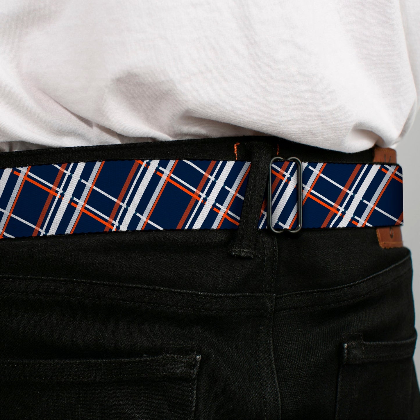 BD Wings Logo CLOSE - UP Full Color Black Silver Seatbelt Belt - Plaid X2 Navy/White/Orange Webbing - Seatbelt Belts - Buckle - Down