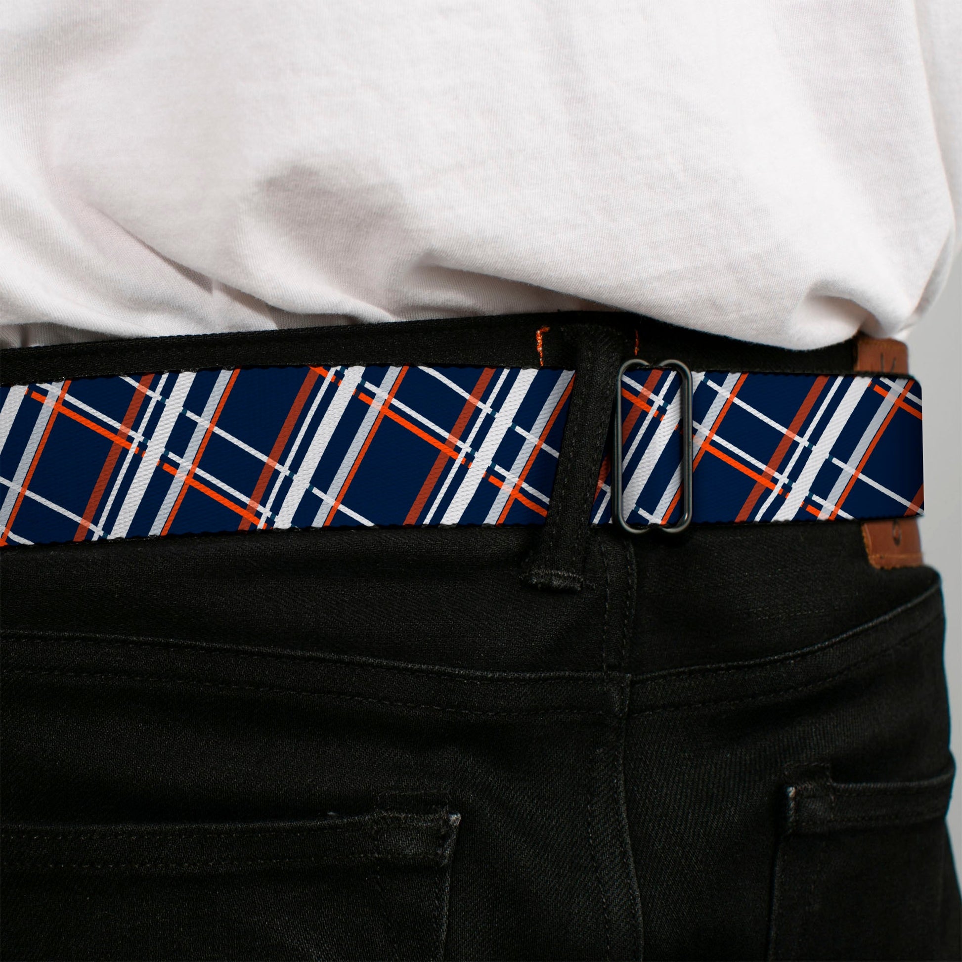 BD Wings Logo CLOSE - UP Full Color Black Silver Seatbelt Belt - Plaid X2 Navy/White/Orange Webbing - Seatbelt Belts - Buckle - Down