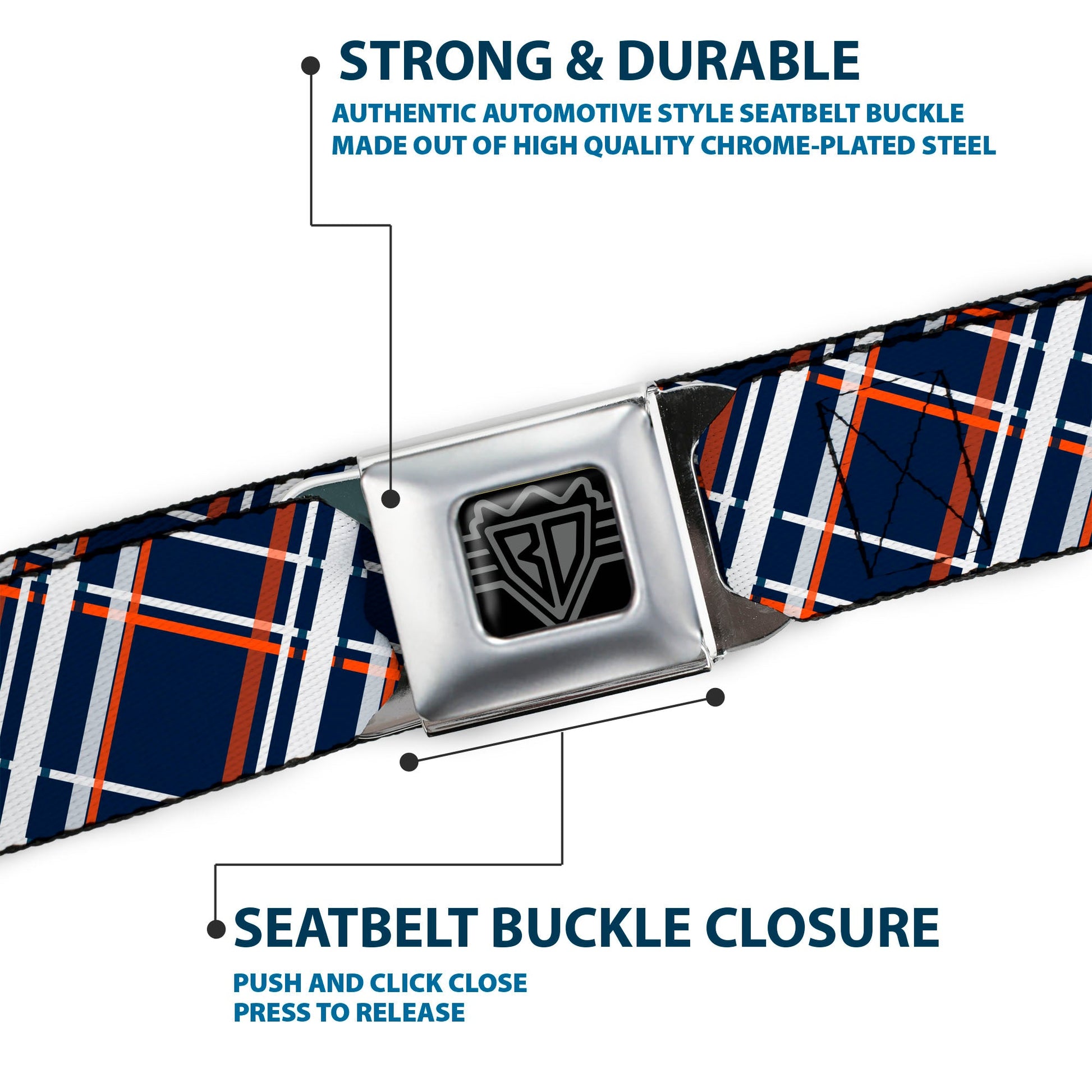 BD Wings Logo CLOSE - UP Full Color Black Silver Seatbelt Belt - Plaid X2 Navy/White/Orange Webbing - Seatbelt Belts - Buckle - Down