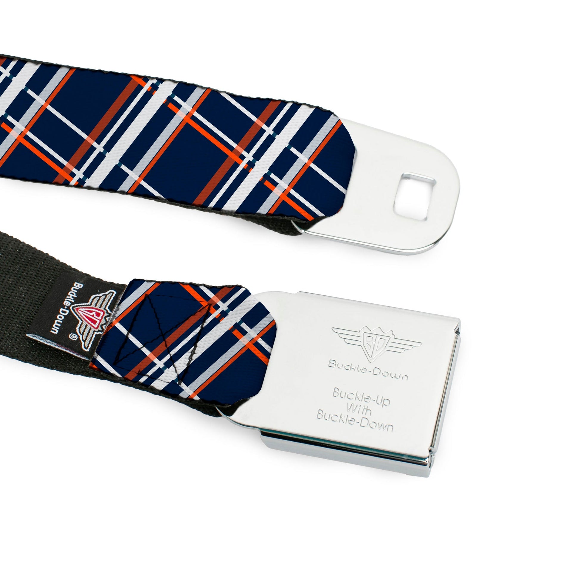 BD Wings Logo CLOSE - UP Full Color Black Silver Seatbelt Belt - Plaid X2 Navy/White/Orange Webbing - Seatbelt Belts - Buckle - Down