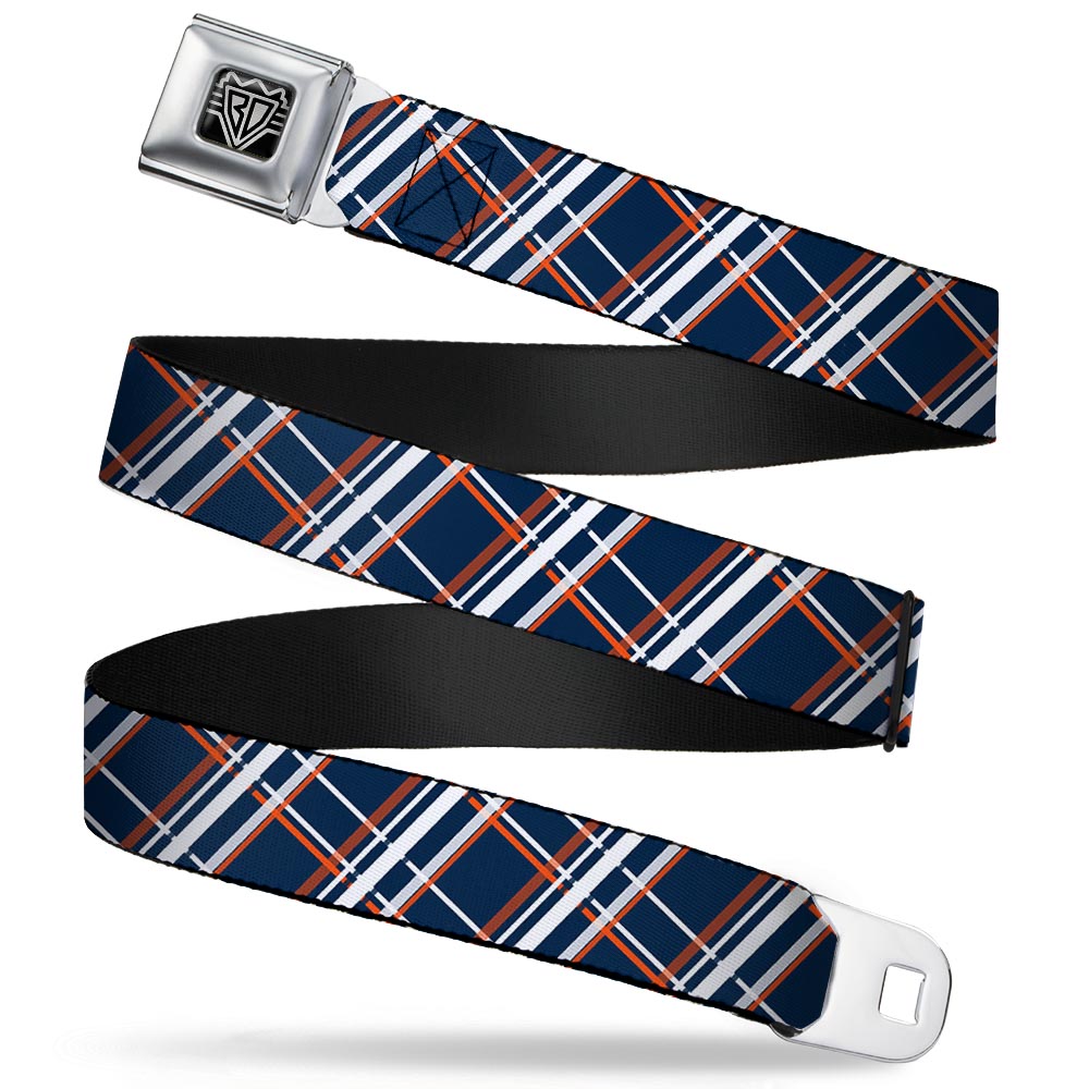 BD Wings Logo CLOSE - UP Full Color Black Silver Seatbelt Belt - Plaid X2 Navy/White/Orange Webbing - Seatbelt Belts - Buckle - Down
