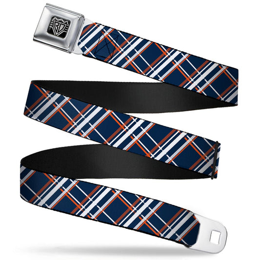 BD Wings Logo CLOSE - UP Full Color Black Silver Seatbelt Belt - Plaid X2 Navy/White/Orange Webbing - Seatbelt Belts - Buckle - Down