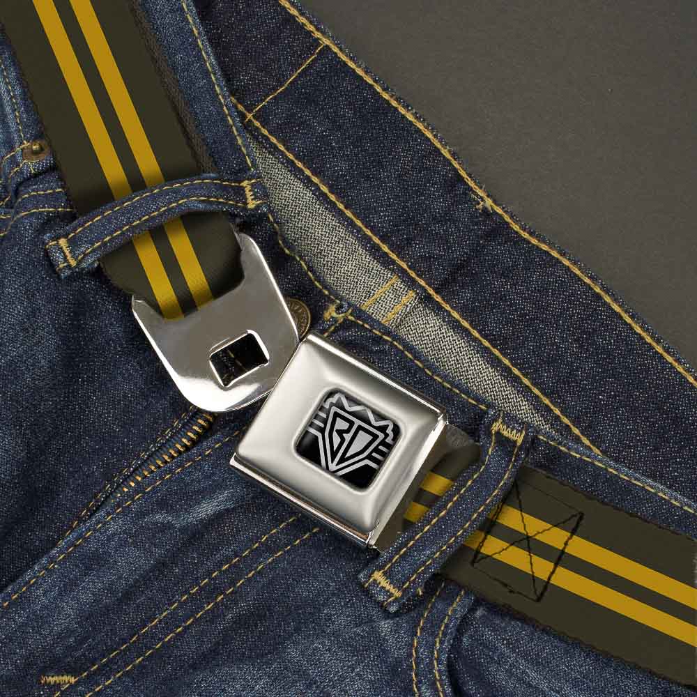 BD Wings Logo CLOSE - UP Full Color Black Silver Seatbelt Belt - Stripe Black/Gold Webbing - Seatbelt Belts - Buckle - Down