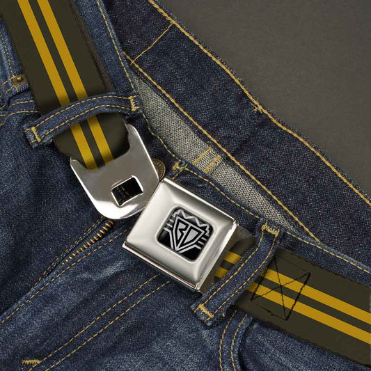 BD Wings Logo CLOSE - UP Full Color Black Silver Seatbelt Belt - Stripe Black/Gold Webbing - Seatbelt Belts - Buckle - Down