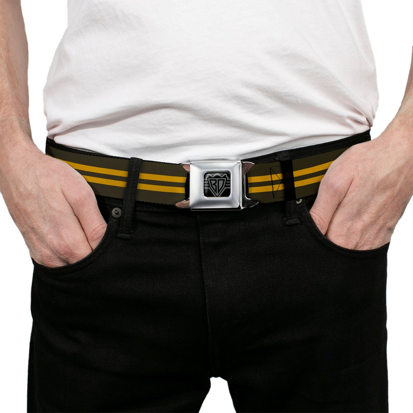 BD Wings Logo CLOSE - UP Full Color Black Silver Seatbelt Belt - Stripe Black/Gold Webbing - Seatbelt Belts - Buckle - Down