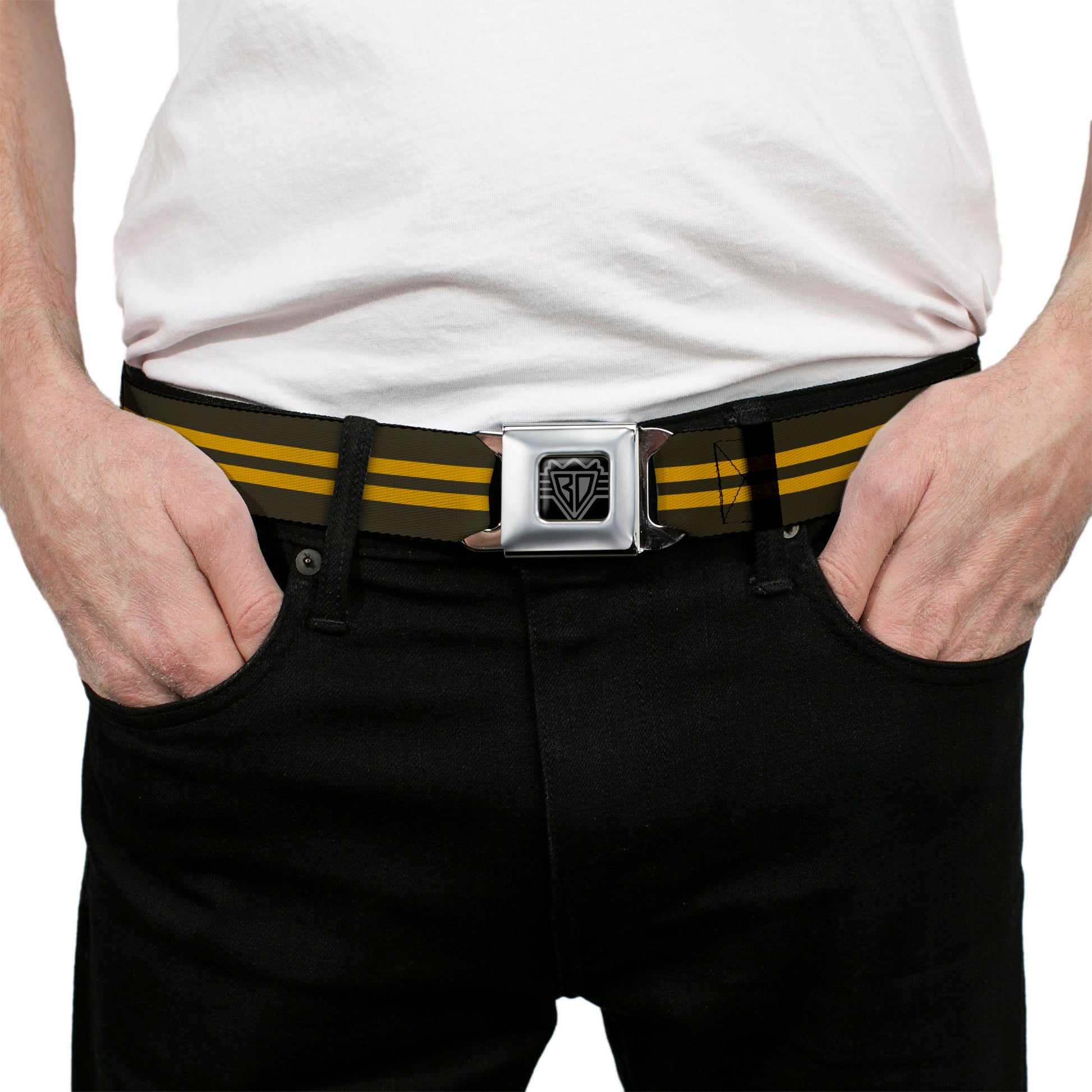 BD Wings Logo CLOSE - UP Full Color Black Silver Seatbelt Belt - Stripe Black/Gold Webbing - Seatbelt Belts - Buckle - Down