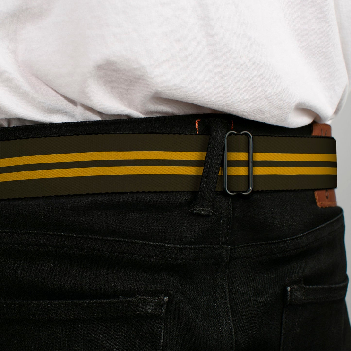 BD Wings Logo CLOSE - UP Full Color Black Silver Seatbelt Belt - Stripe Black/Gold Webbing - Seatbelt Belts - Buckle - Down