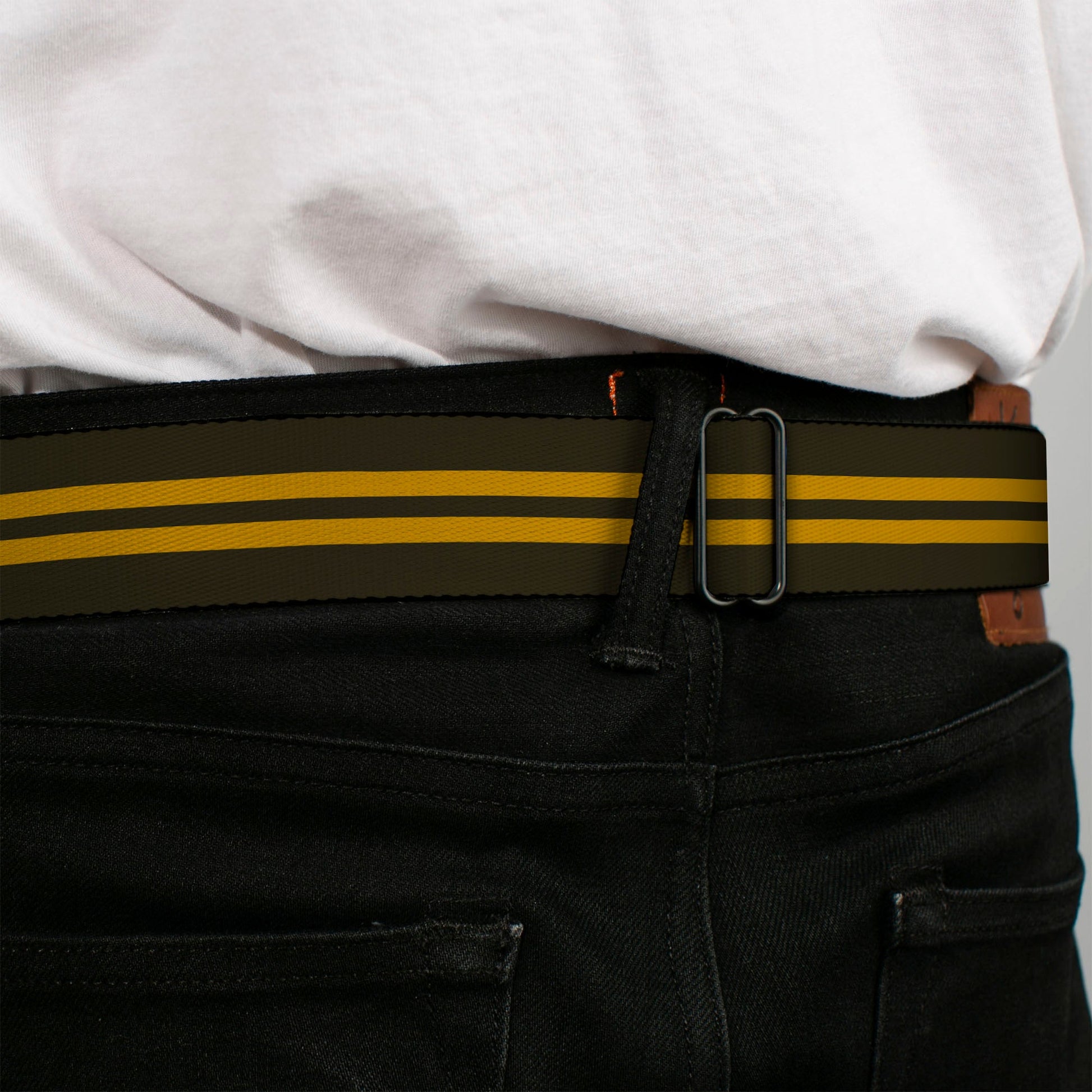 BD Wings Logo CLOSE - UP Full Color Black Silver Seatbelt Belt - Stripe Black/Gold Webbing - Seatbelt Belts - Buckle - Down