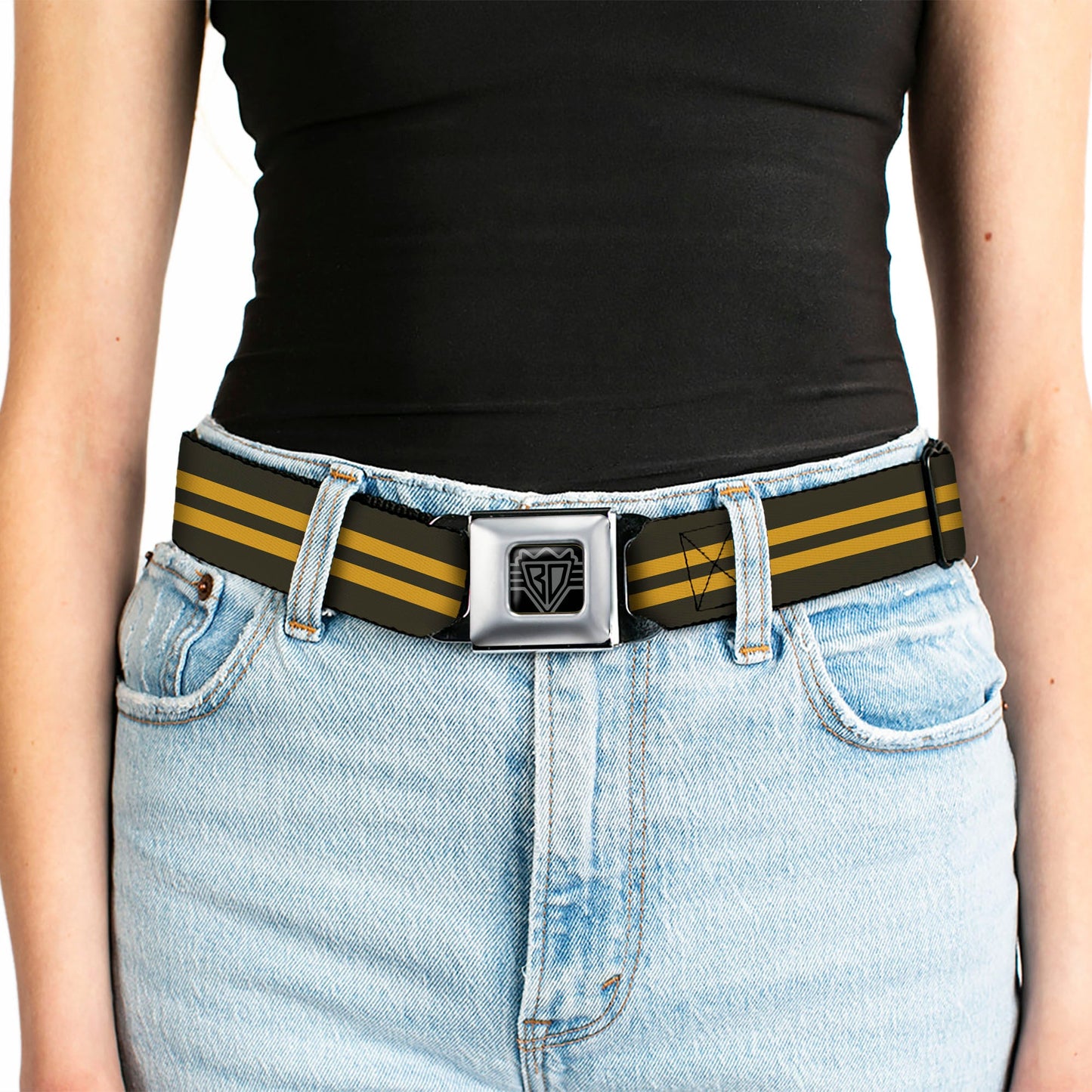 BD Wings Logo CLOSE - UP Full Color Black Silver Seatbelt Belt - Stripe Black/Gold Webbing - Seatbelt Belts - Buckle - Down