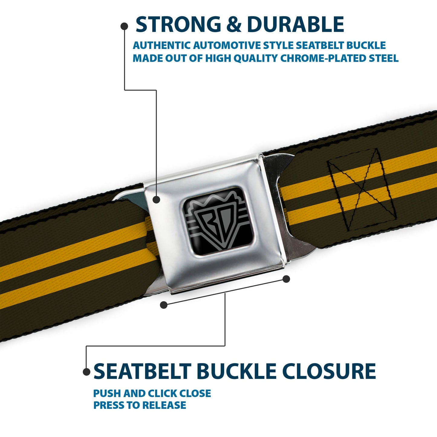 BD Wings Logo CLOSE - UP Full Color Black Silver Seatbelt Belt - Stripe Black/Gold Webbing - Seatbelt Belts - Buckle - Down
