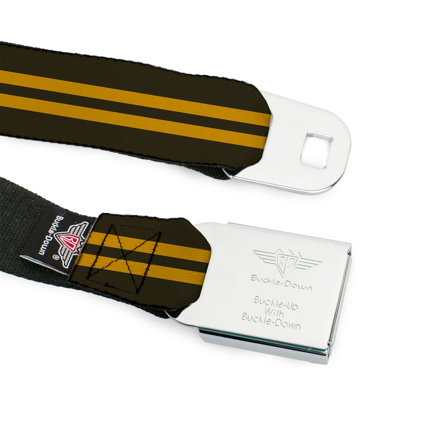 BD Wings Logo CLOSE - UP Full Color Black Silver Seatbelt Belt - Stripe Black/Gold Webbing - Seatbelt Belts - Buckle - Down